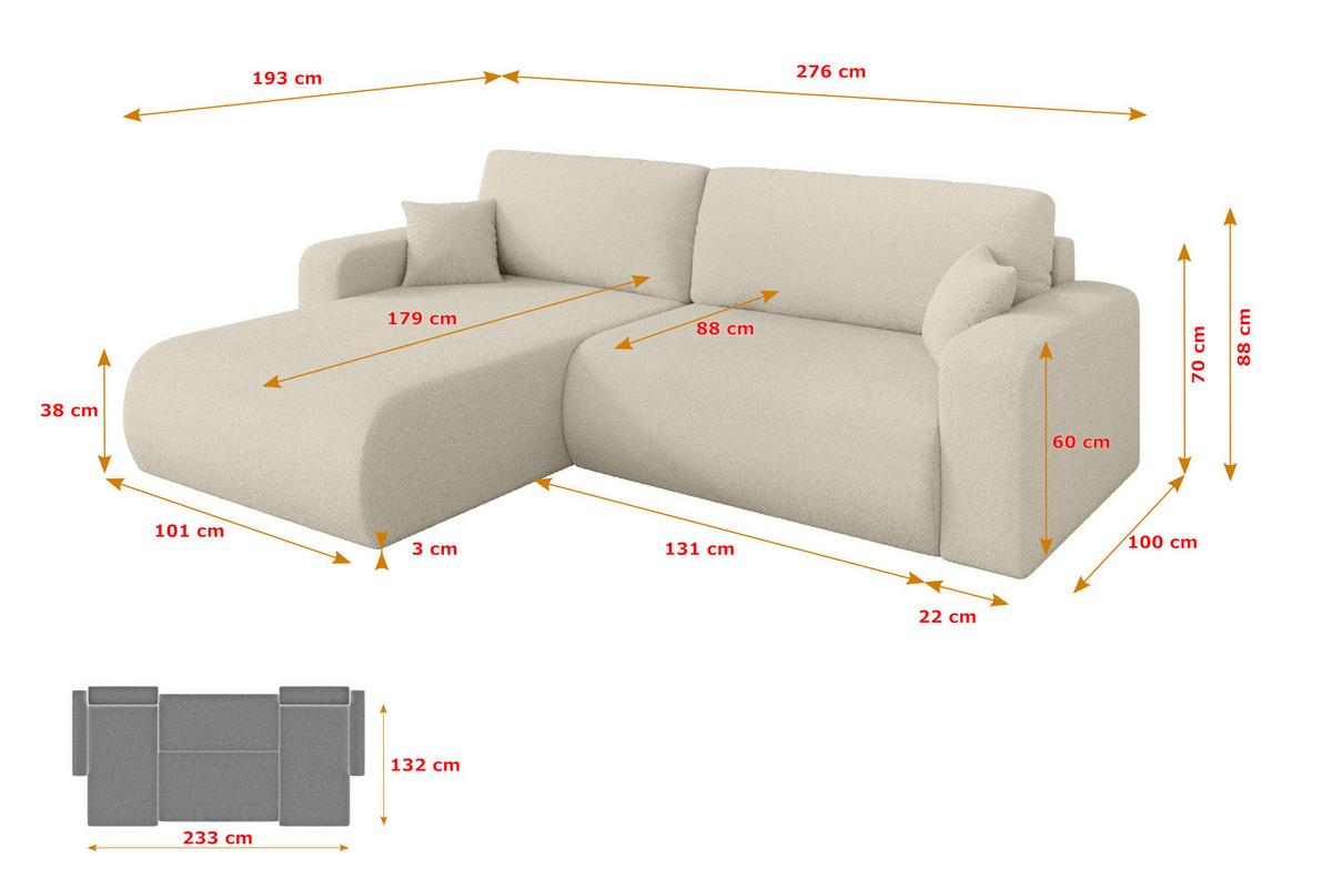 ECKSOFA mit Schlaffunktion Ottomane Links BERY-L 276x193x88 Beige Bouclé - Sandfarben/Beige, Holzwerkstoff/Kunststoff (276/193cm) - ALTDECOR
