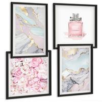 BILDER SET 4er Set - 50x50 cm & 40x60 cm Schwarzer Rahmen - Rosa Blumen Marmor Pastell - Schwarz, Kunststoff (50/50cm) - TULUP