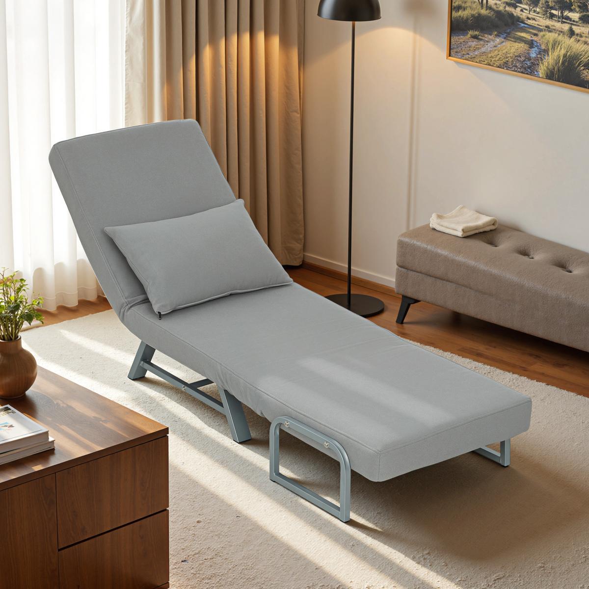 SCHLAFSESSEL 3-in-1 Sessel Bett-Funktion und Zierkissen, Hellgrau - Hellgrau/Grau, Textil/Metall (73/81/78cm) - HOMCOM