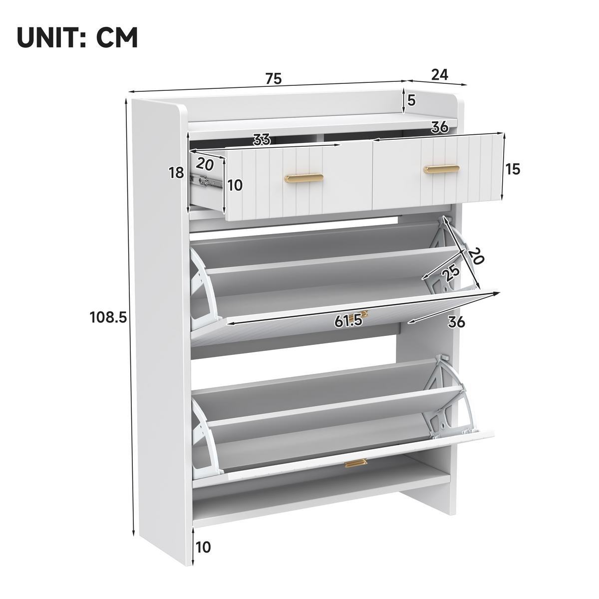 SCHUHSCHRANK Schmal mit 2 Klappfächern & Schubladen Modern - Weiß, Holzwerkstoff (75/108.5/24cm) - Urban Meuble