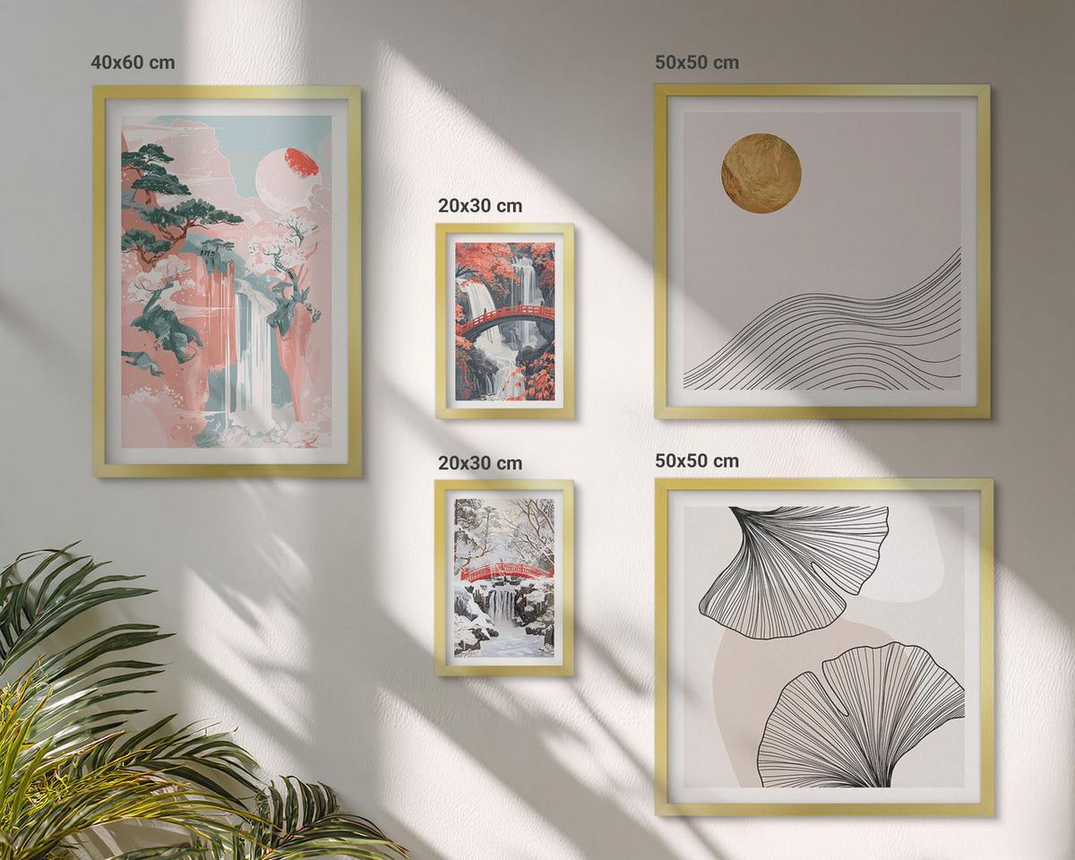 BILDER SET 5er Set - 50x50 cm & 20x30 cm & 40x60 cm Goldrahmen - Wasserfälle, Brücken, Bäume, Jahreszeiten - Goldfarben, Kunststoff (40/60cm) - TULUP