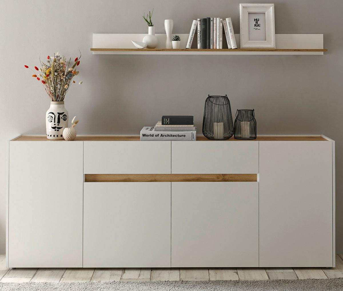 SIDEBOARD weiß, Eiche Wotan 220 cm, Kommode mit 8 Fächern - Eiche Wotan/Schwarz, Holz/Holzwerkstoff (220/87/40cm) - Furn.Design