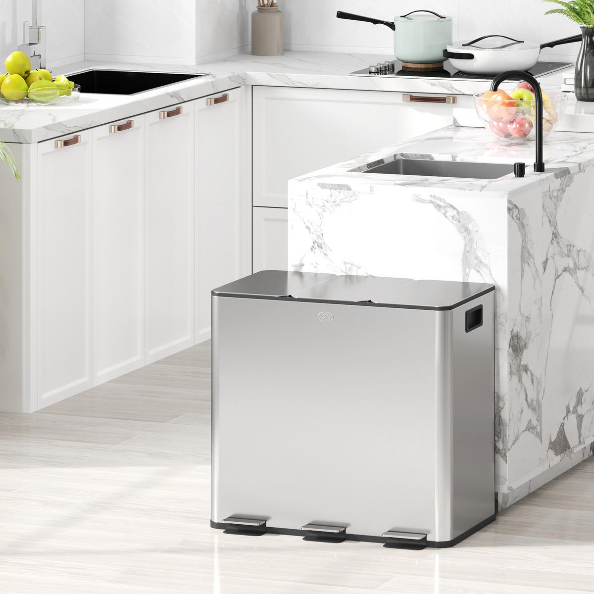 MÜLLEIMER 3x20L Abfalleimer aus Edelstahl mit Softclose Deckel Deodorant-Fächern - Silberfarben, Metall (36.6/43.2/61.9cm) - HOMCOM