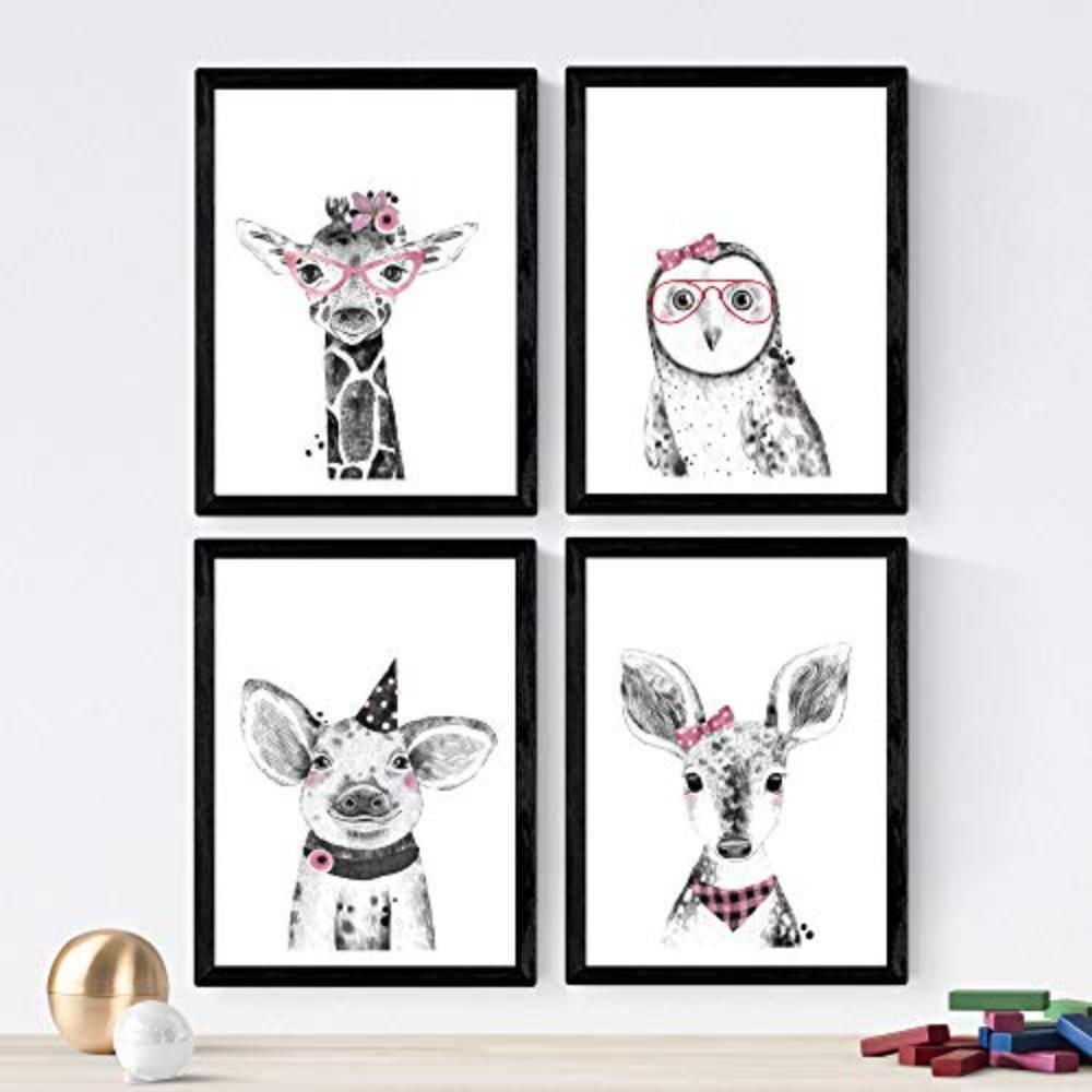 POSTER Set mit 4 „Tiere mit rosa und schwarz Accessoires“ A4 Schwarzer Rahmen - Schwarz, Papier (29.7/3cm) - Nacnic