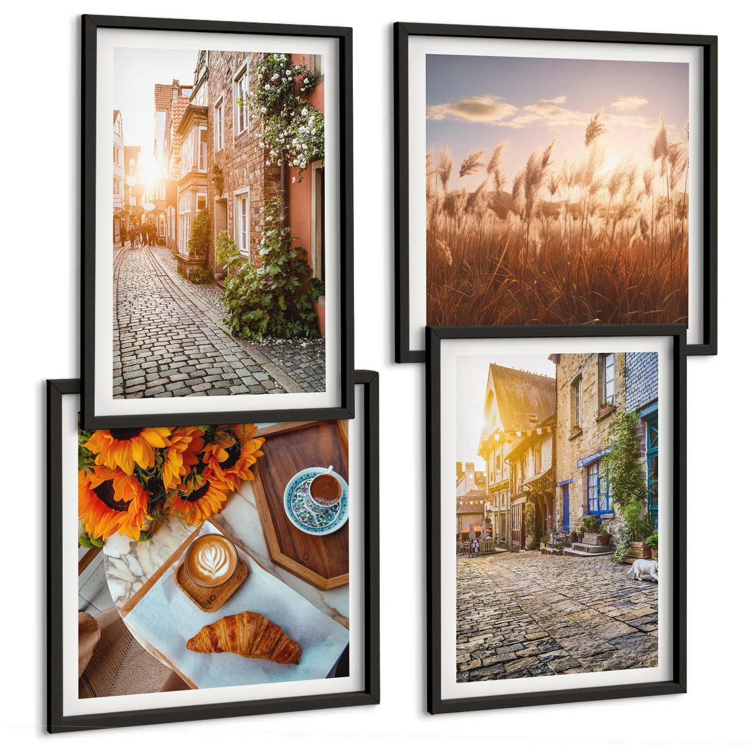 BILDER SET 4er Set - 50x50 cm & 40x60 cm Schwarzer Rahmen - Charmante Straßen mit Kaffee - Schwarz, Kunststoff (50/50cm) - TULUP