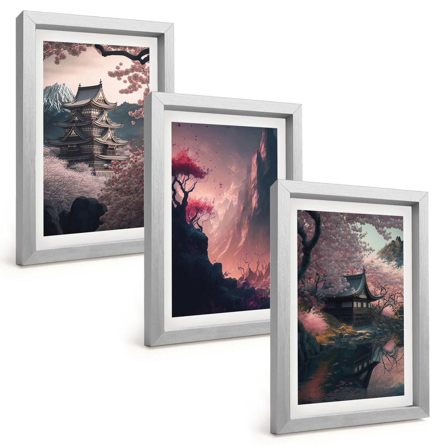 BILDER SET 3er Set - 20x30 cm Silberner Rahmen - Fantasielandschaften der japanischen Berge - Silberfarben, Kunststoff (20/30cm) - TULUP
