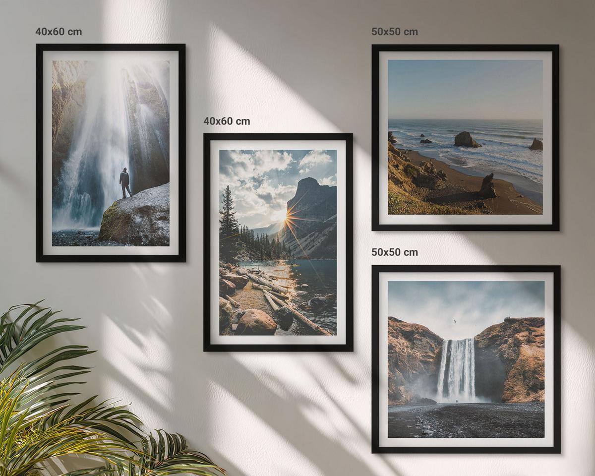 BILDER SET 4er Set - 50x50 cm & 40x60 cm Schwarzer Rahmen - Wasserfälle, Berge, Landschaften, Natur - Schwarz, Kunststoff (50/50cm) - TULUP