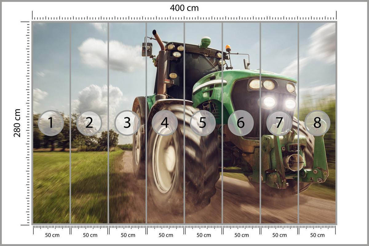 FOTOTAPETE Fahrender Traktor Bäume Vegetation Landwirtschaft 400x280 - Schwarz/Weiß, Papier (400/280cm) - Muralo