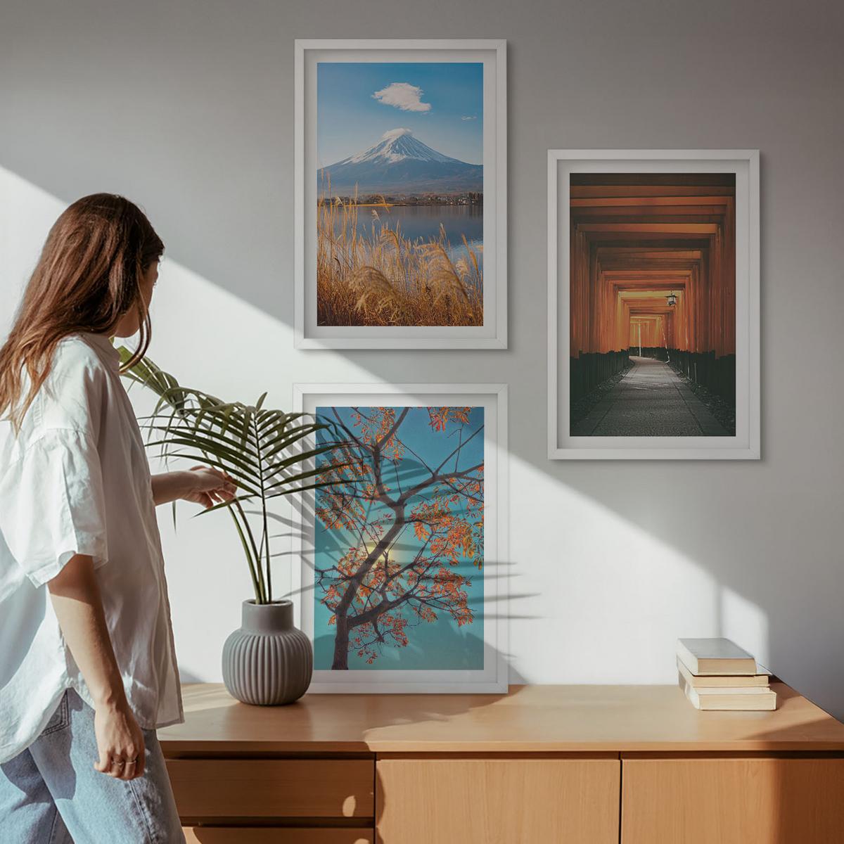 BILDER SET 3er Set - 40x60 cm Weißer Rahmen - Japanische Naturlandschaften - Weiß, Kunststoff (40/60cm) - TULUP