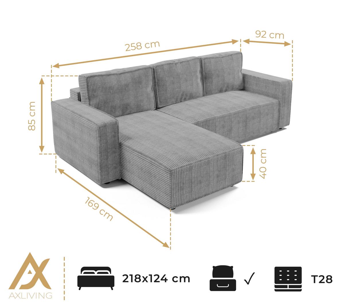 ECKSOFA L Form Aydin Creme 258/169/85 cm Cord Universal mit Schlaffunktion - Creme/Schwarz, Kunststoff/Textil (258/169cm) - AX Living