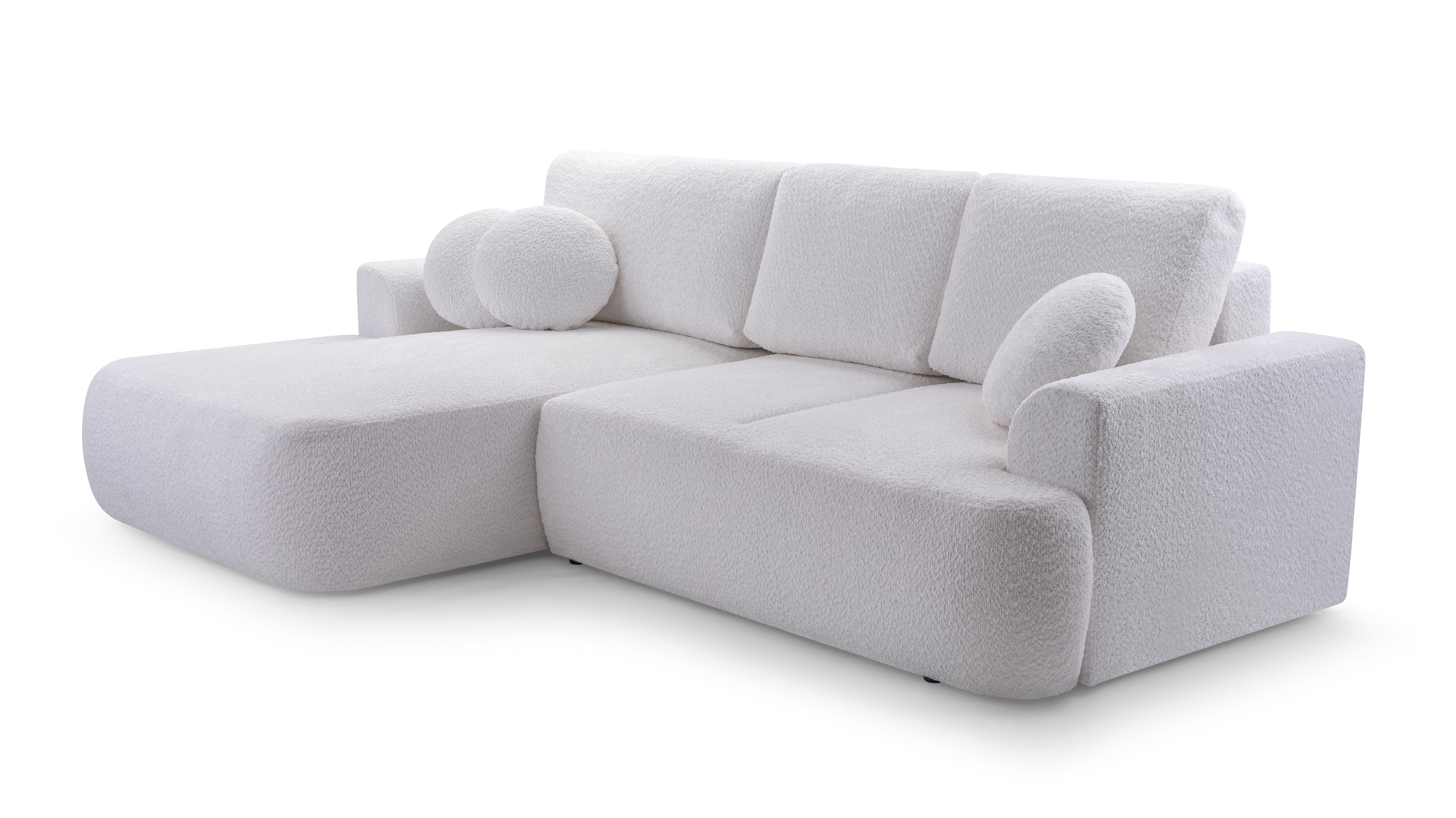 ECKSOFA FILO Weiß Boucle-Stoff mit Schlaffunktion - Weiß, Holz (260/168cm) - MASSENO