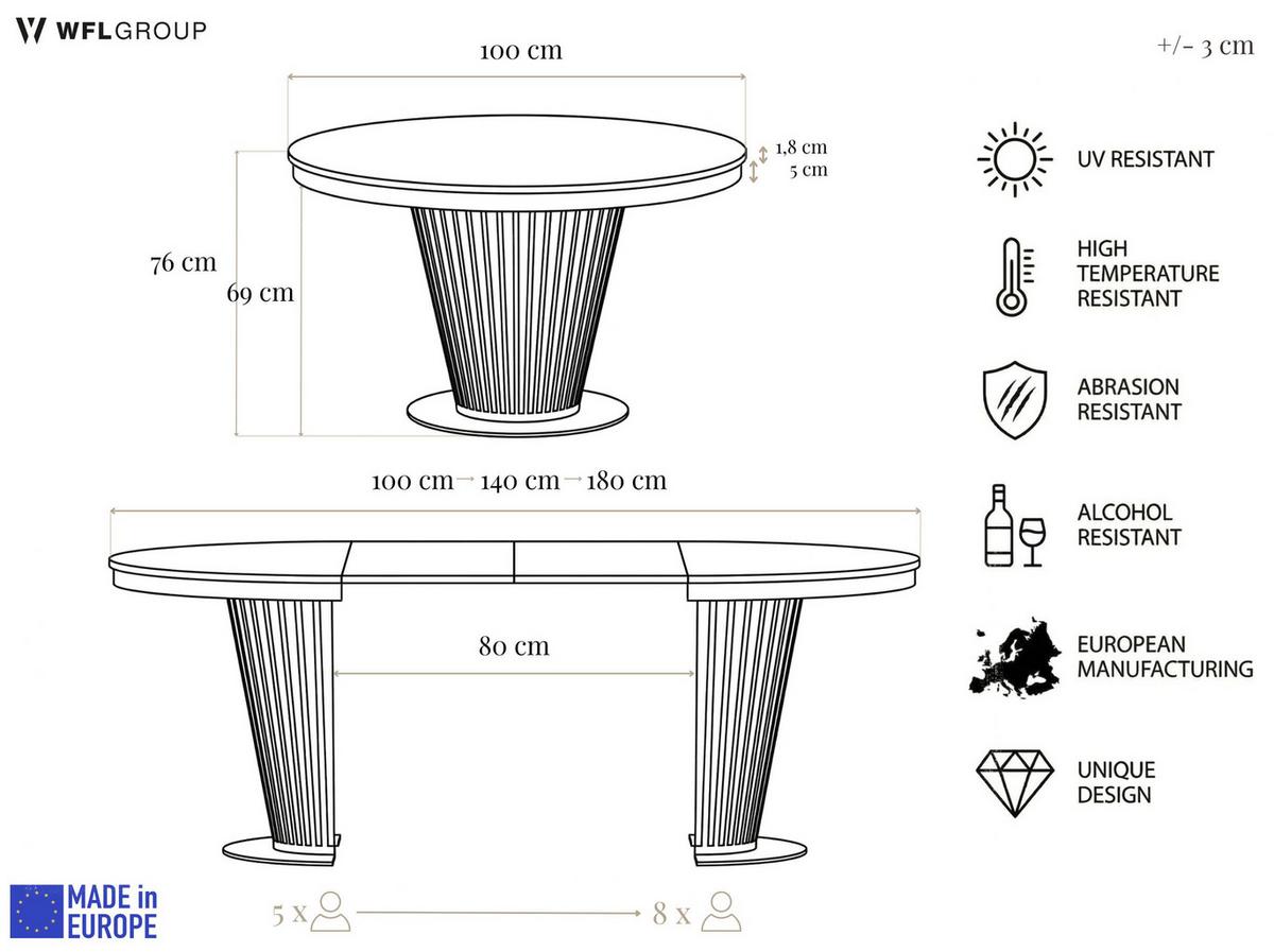 ESSTISCH Novera rund ausziehbar mit Schwarzem Lamellen-Metallgestell, Eiche Braun 100-200/100/76 cm - Eichefarben/Schwarz, Holzwerkstoff/Metall (100/100/76cm) - WFL GROUP