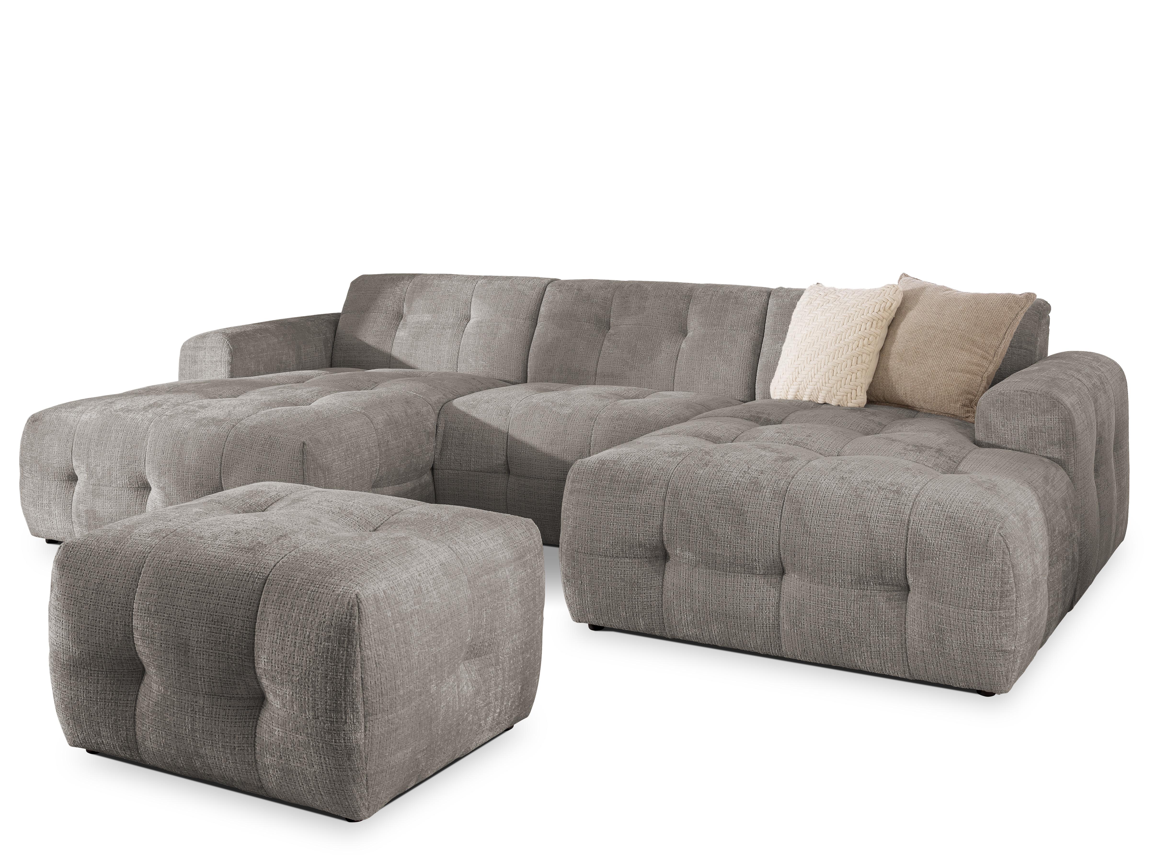 WOHNLANDSCHAFT inkl. Hocker Kozy im Bumpy-Design mit Schlaffunktion und fester Rückenlehne aus weichem Taupe Chenille-Stoff - Taupe/Schwarz, Holz/Kunststoff (323/79/161cm) - S-Style