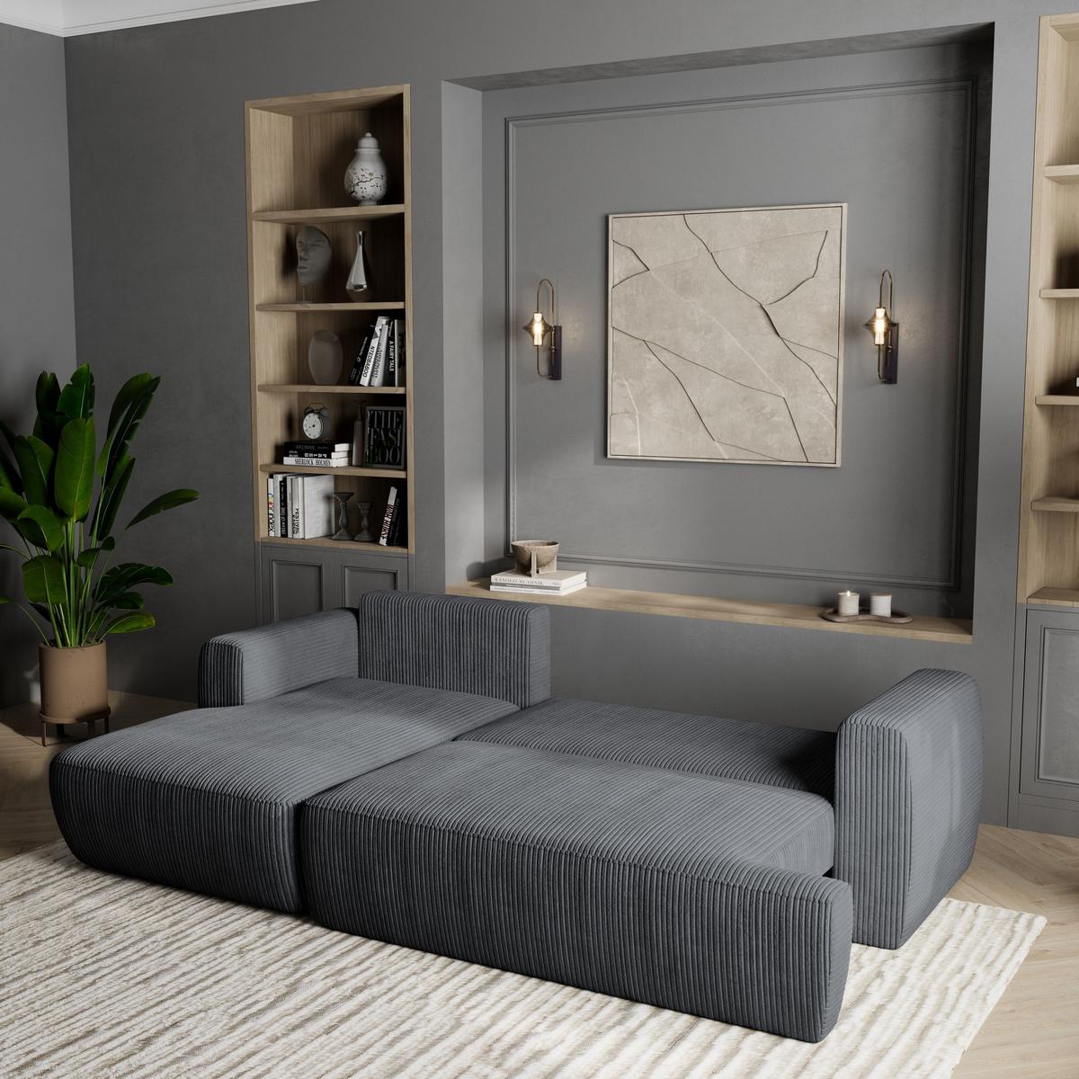 ECKSOFA SENTI P L-S Grau Kordstoff mit Schlaffunktion - Schwarz/Grau, Holz/Kunststoff (246/148cm) - MASSENO