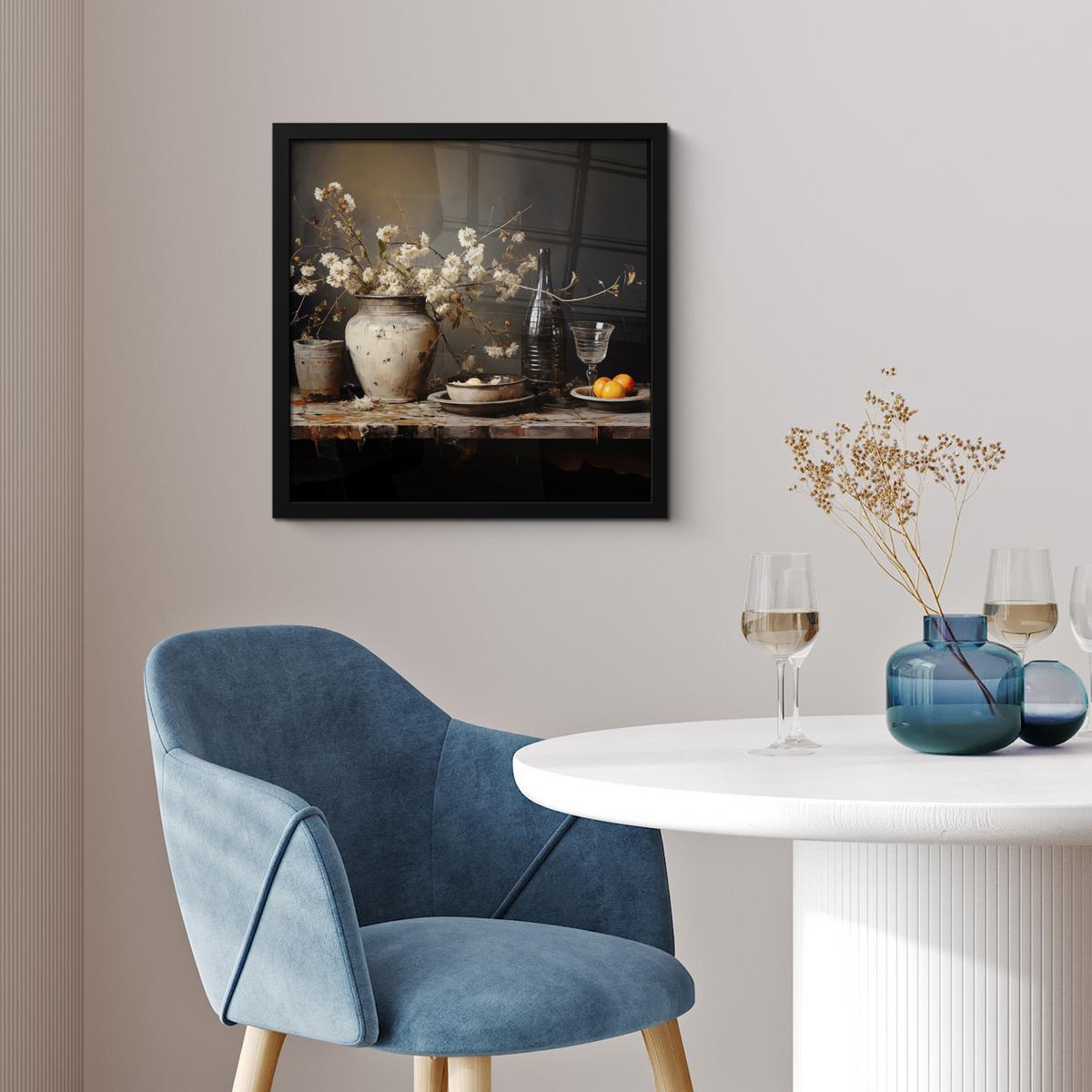 POSTER MIT RAHMENGERAHMTES BILD Stilleben - Blumen - Blumenstrauß - Vase - Wein 40x40 cm - Schwarz, Papier (40/40cm) - MuchoWow