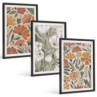 BILDER SET 3er Set - 40x60 cm Schwarzer Rahmen - Blumenmuster in Orange und Grün - Schwarz, Kunststoff (40/60cm) - TULUP