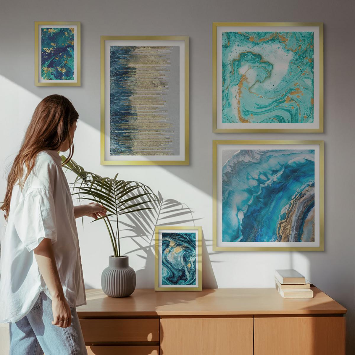 BILDER SET 5er Set - 50x50 cm & 20x30 cm & 40x60 cm Goldrahmen - Wilde Landschaften, Berge, Hirsche - Goldfarben, Kunststoff (40/60cm) - TULUP