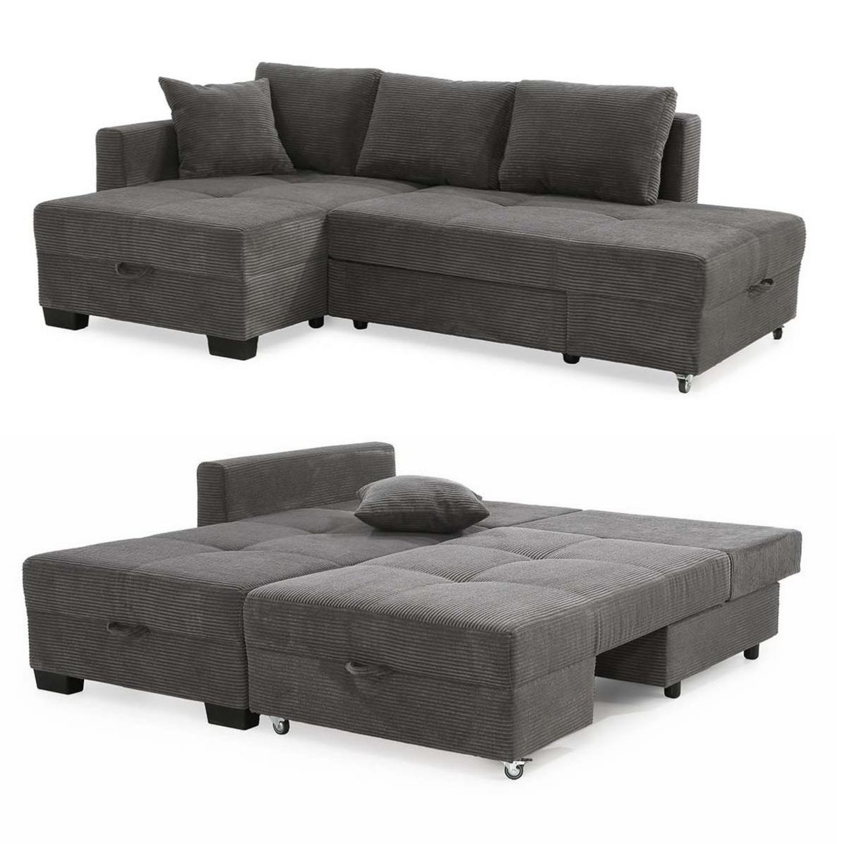 ECKSOFA Doppelbett mit Bettkasten, seitenverkehrt montierbar B247/T155/H87 cm, Liegefläche 183x207 cm, Cord Dunkelgrau / 15214 - Dunkelgrau/Schwarz, Kunststoff/Textil (247/155cm) - luma-home