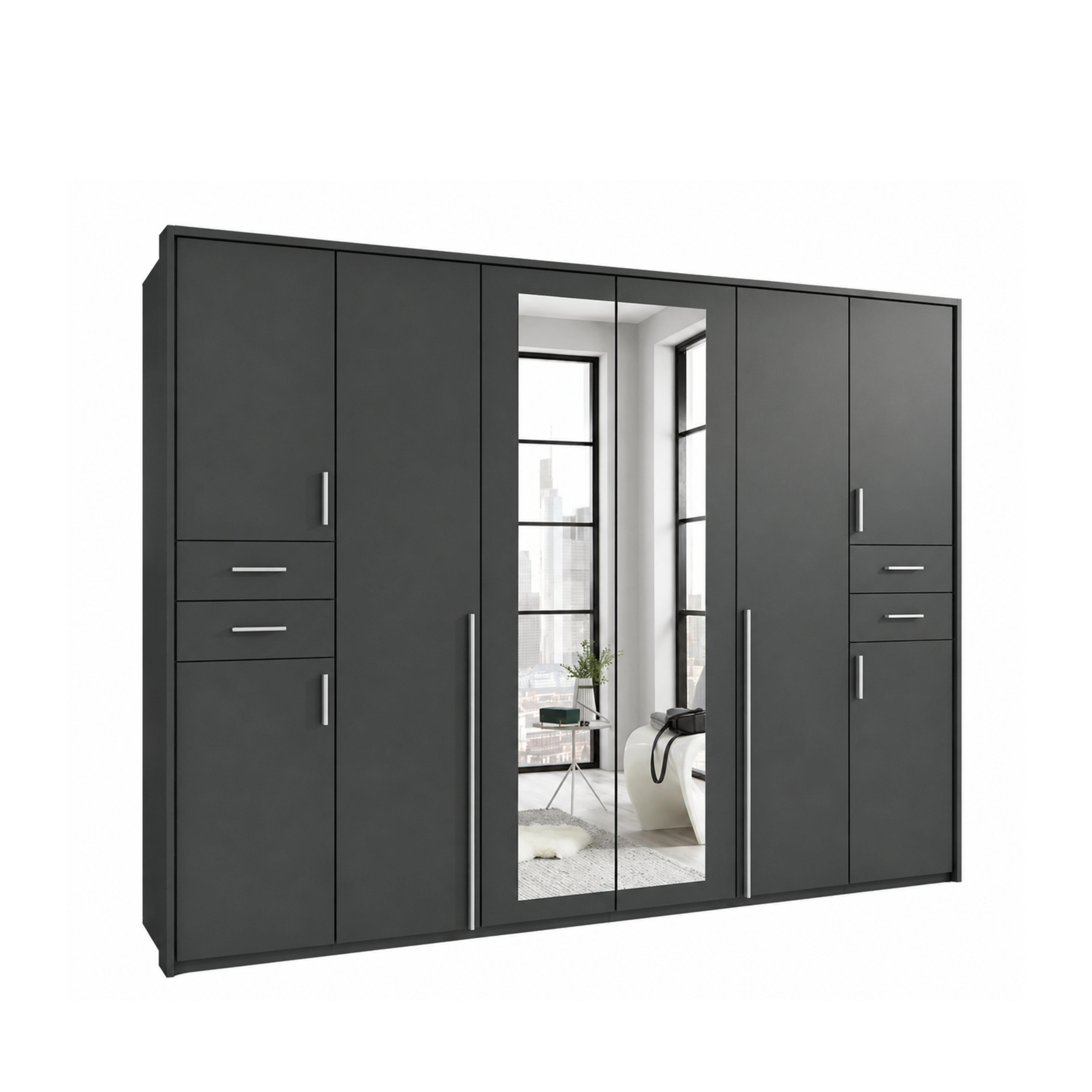 DREHTÜRENSCHRANK B273/H210/T58 cm in Grafit, Kleiderschrank mit Passepartout & 2 Spiegeltüren & Schubkästen, Griffe alufarbig / 22577 - Silberfarben/Graphitfarben, Holzwerkstoff/Kunststoff (273/210/58cm) - luma-home