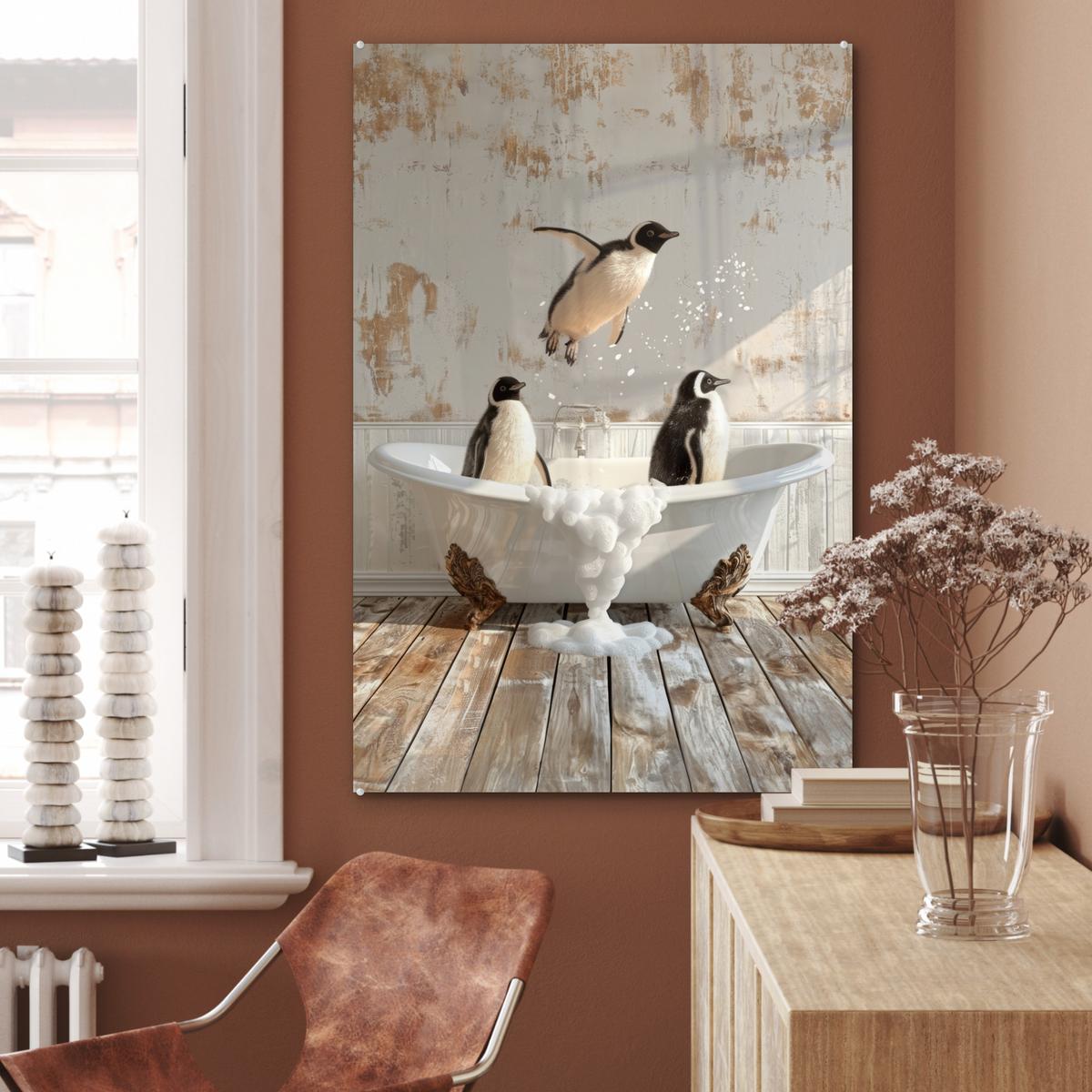 ACRYLGLASBILD Vintage - Pinguin - Badewanne - Schaumstoff 80x120 cm - Schwarz, Glas (80/120cm) - MuchoWow