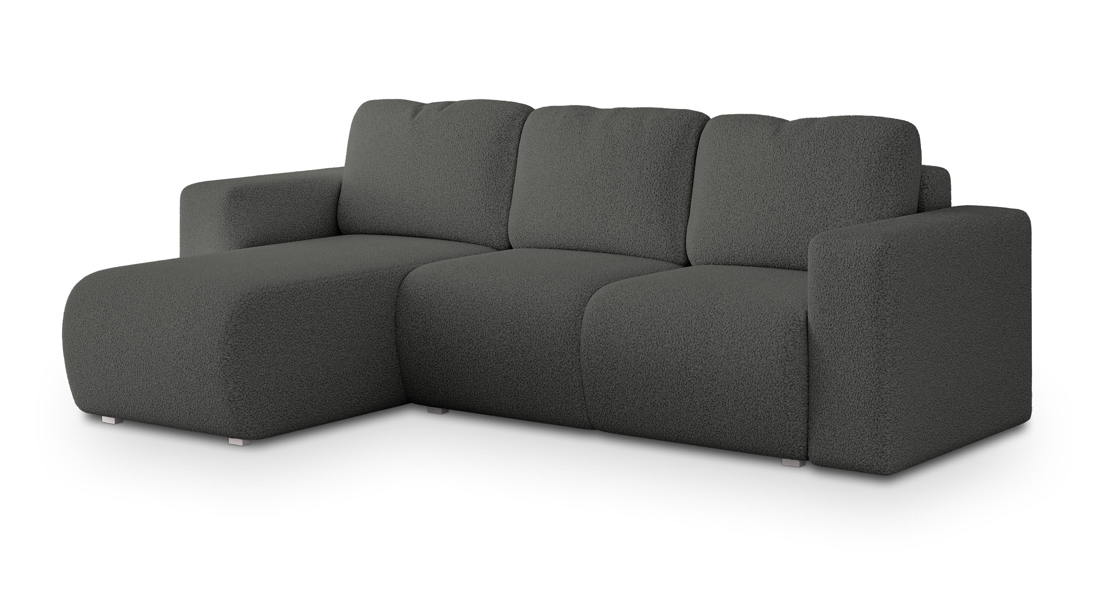 ECKSOFA RINOVA Grau Boucle-Stoff mit Schlaffunktion - Grau, Holz (250/143cm) - MASSENO