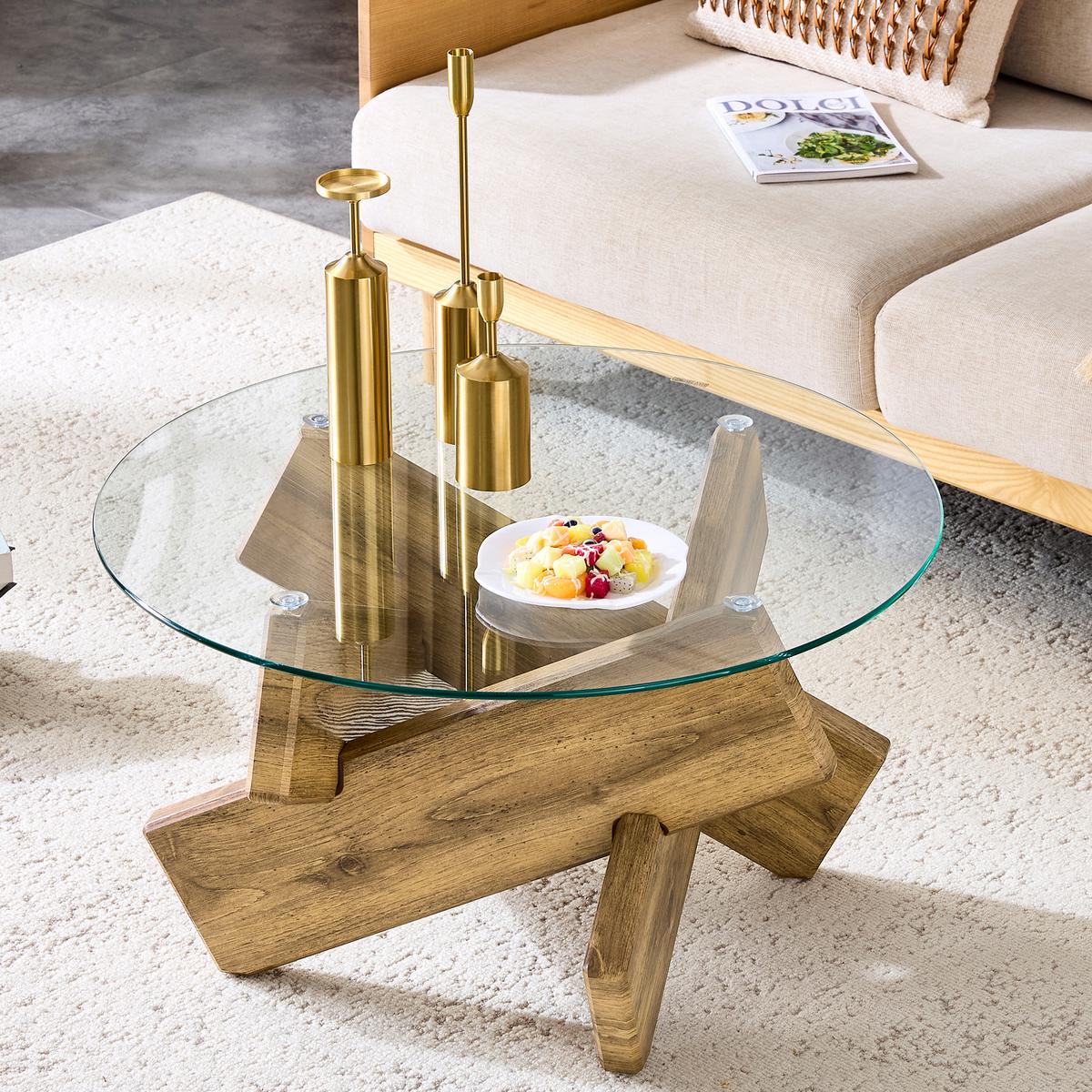 COUCHTISCH glas holzoptik kreuzgestell design - Wildeiche, Holzwerkstoff (79/79/45cm) - Urban Meuble