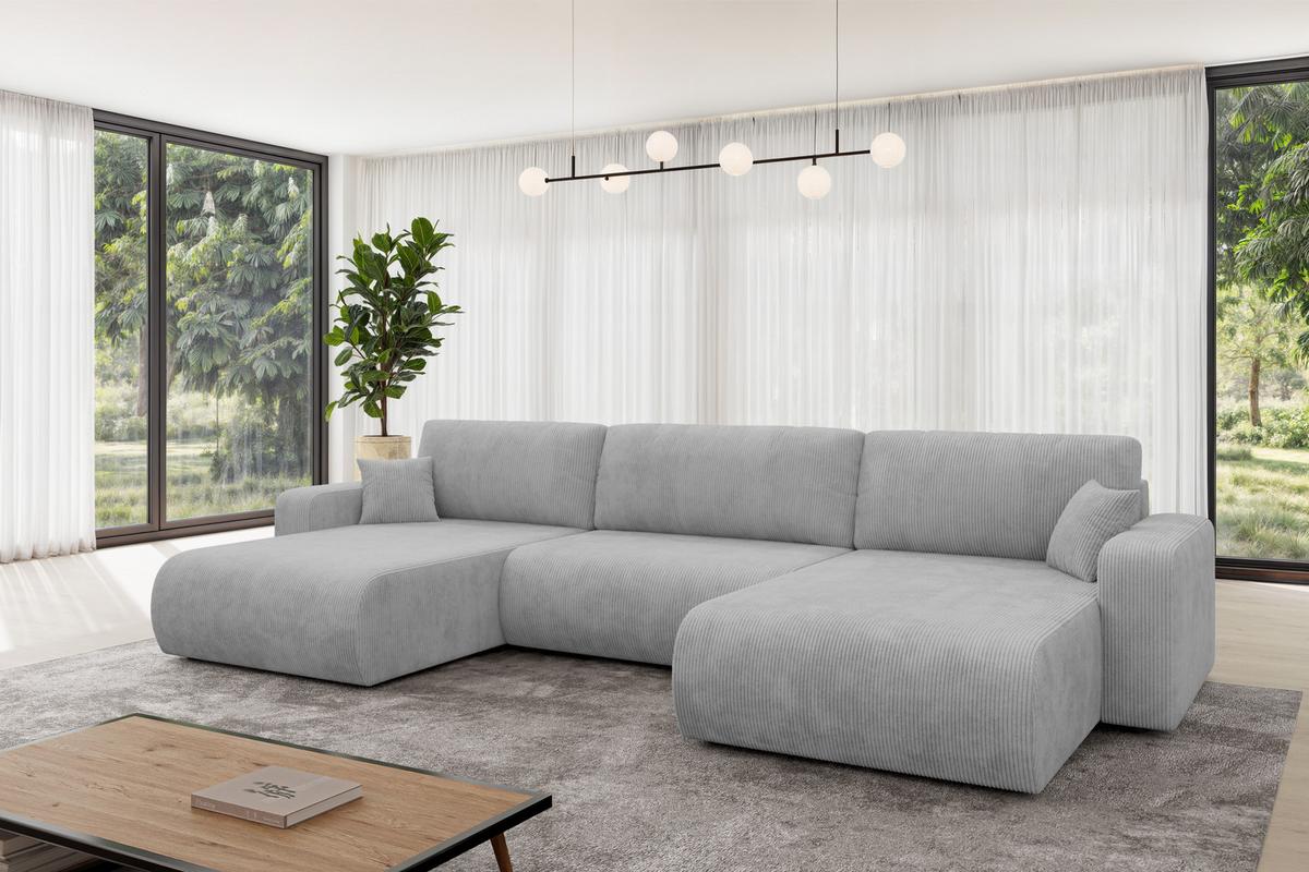 WOHNLANDSCHAFT mit Schlaffunktion und Bettkasten BERY-U 377x193x88 Grau Cord - Schwarz/Grau, Holzwerkstoff/Kunststoff (377/88/193cm) - ALTDECOR