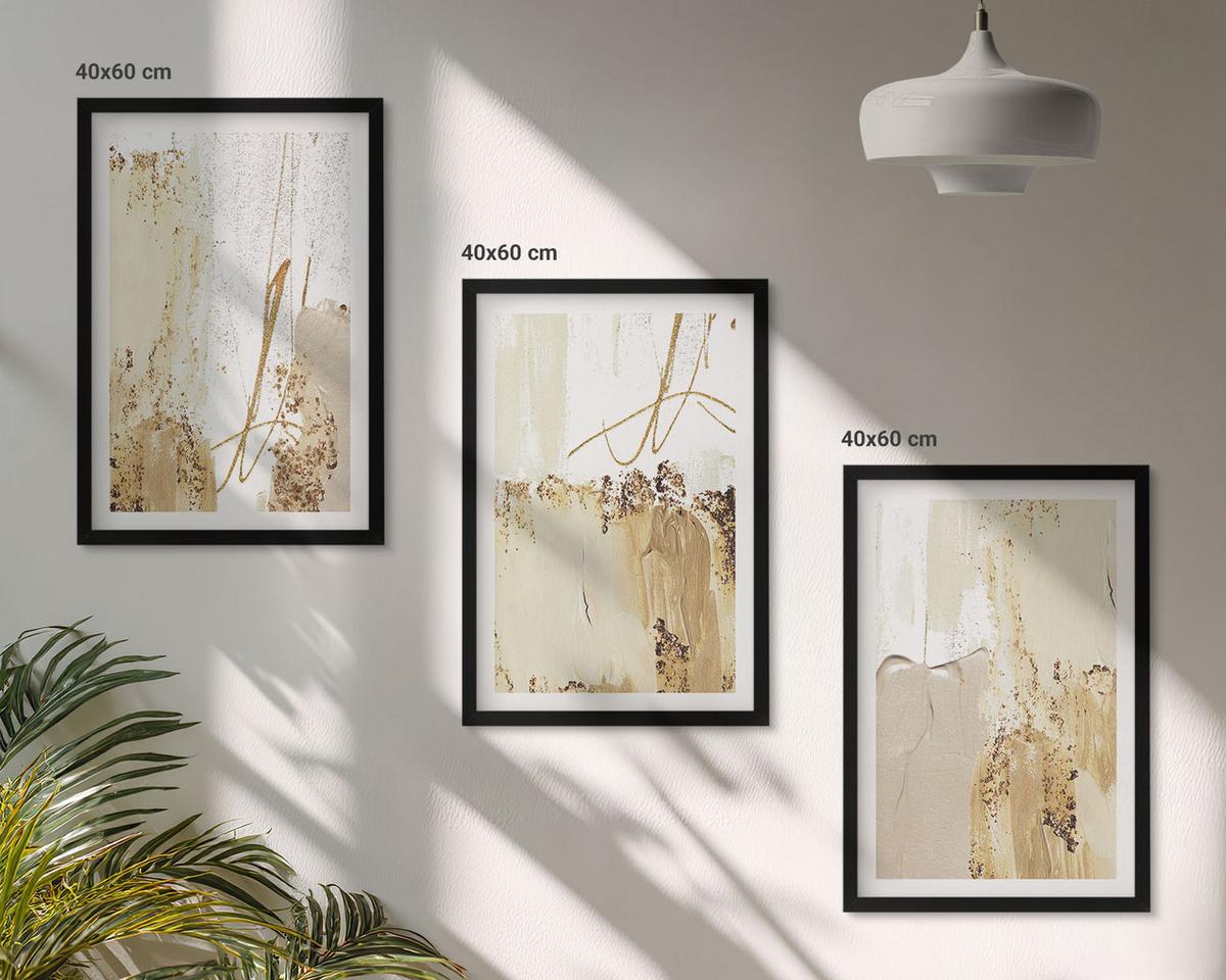BILDER SET 3er Set - 40x60 cm Schwarzer Rahmen - Abstrakte Muster beige weiß - Schwarz, Kunststoff (40/60cm) - TULUP