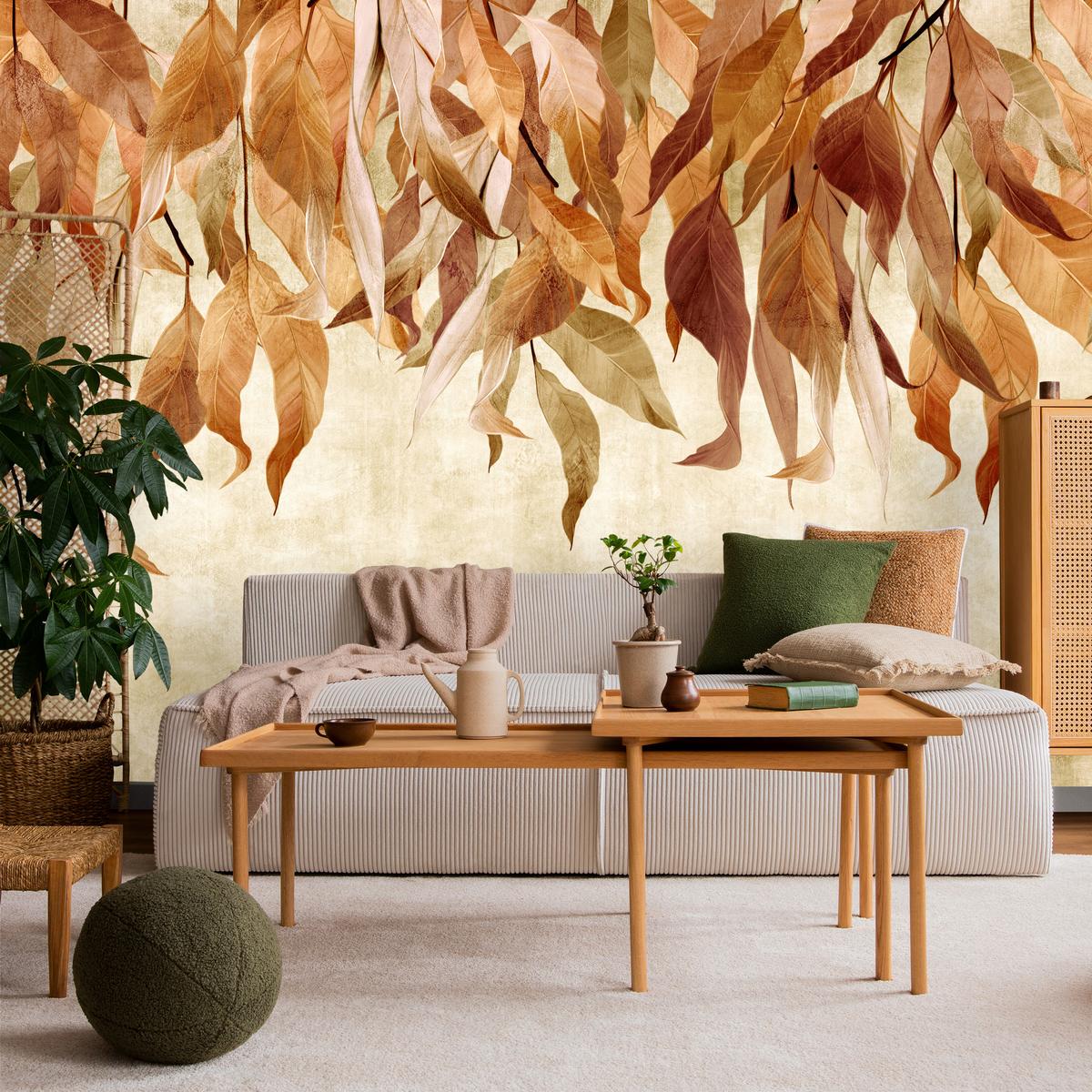 FOTOTAPETE Blätter Pflanzen Natur für Wohnzimmer 250x175 - Beige/Rot, Papier (250/175cm) - Muralo