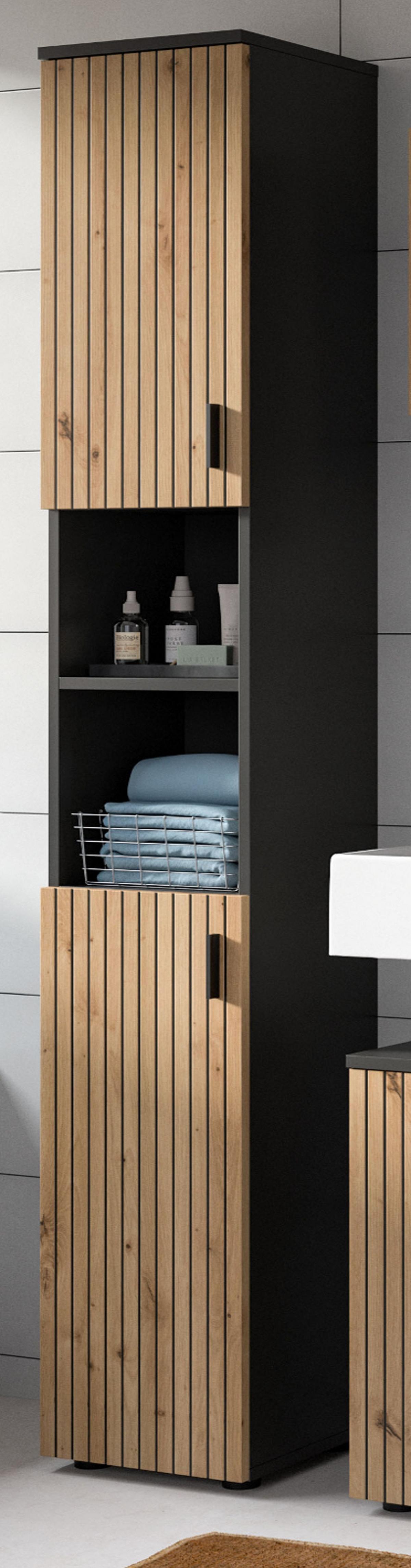 HOCHSCHRANK Eiche Artisan, grau 30 x 192 cm, Badschrank mit 6 Fächern - Schwarz/Eiche Artisan, Holzwerkstoff/Kunststoff (30/192/30cm) - Inn.Furn