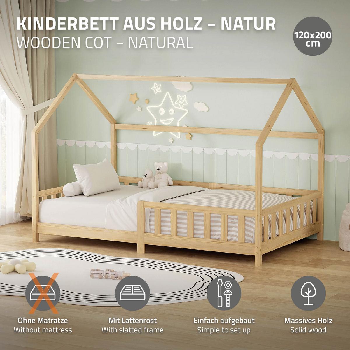 KINDERBETT 120x200 cm mit Rausfallschutz Natur aus Kiefernholz massiv - Naturfarben, Holz (120/200cm) - ML-DESIGN