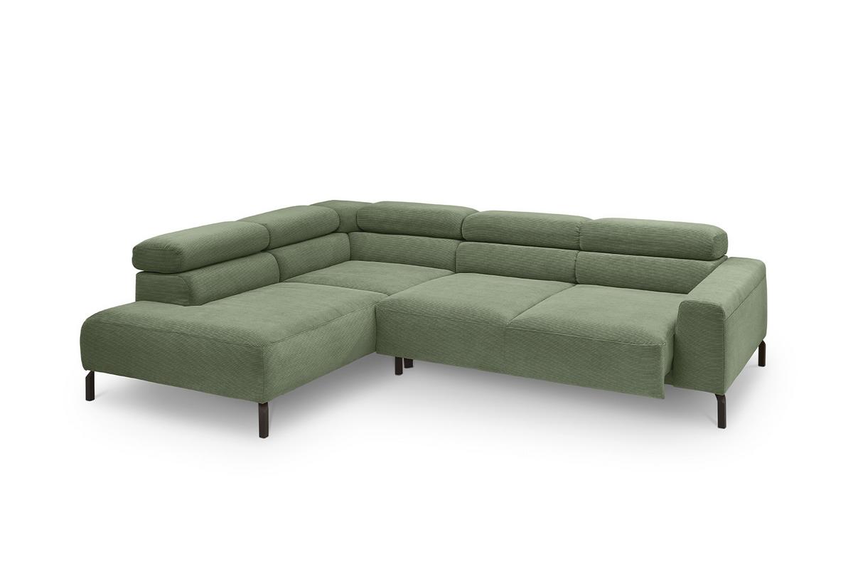 ECKSOFA MIT MOTORISCHEM SITZVORZUG DELIA Grün Cord Relaxfunktion - Schwarz/Olivgrün, Textil/Metall (276/219cm) - KAWOLA