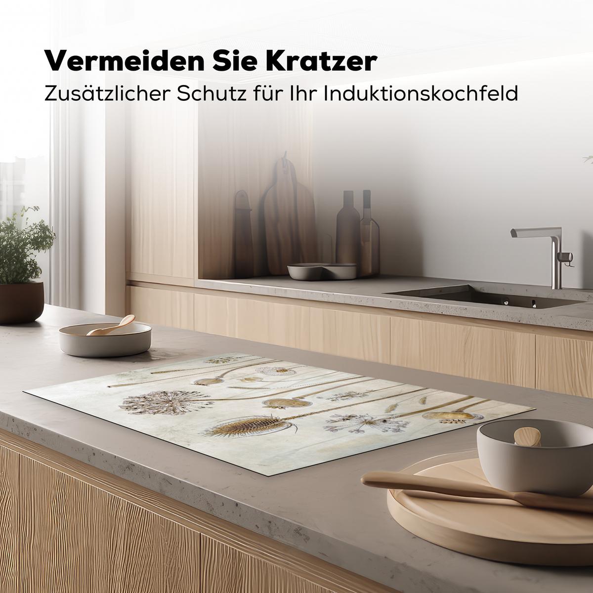 HERDABDECKPLATTE Blumen - Aquarell - Stilleben - Braun - Vintage Induktionsschutz 80x52.2 cm - Sandfarben, Kunststoff (80.2/52.2/0.2cm) - MuchoWow