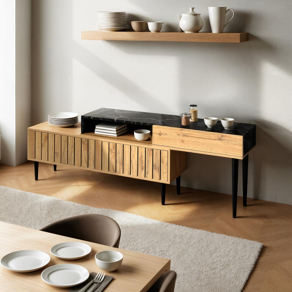 SIDEBOARD mit schwarzem Marmor-Effekt, 3 Schubladen - Braun, Holzwerkstoff (200/58/27cm) - Urban Meuble