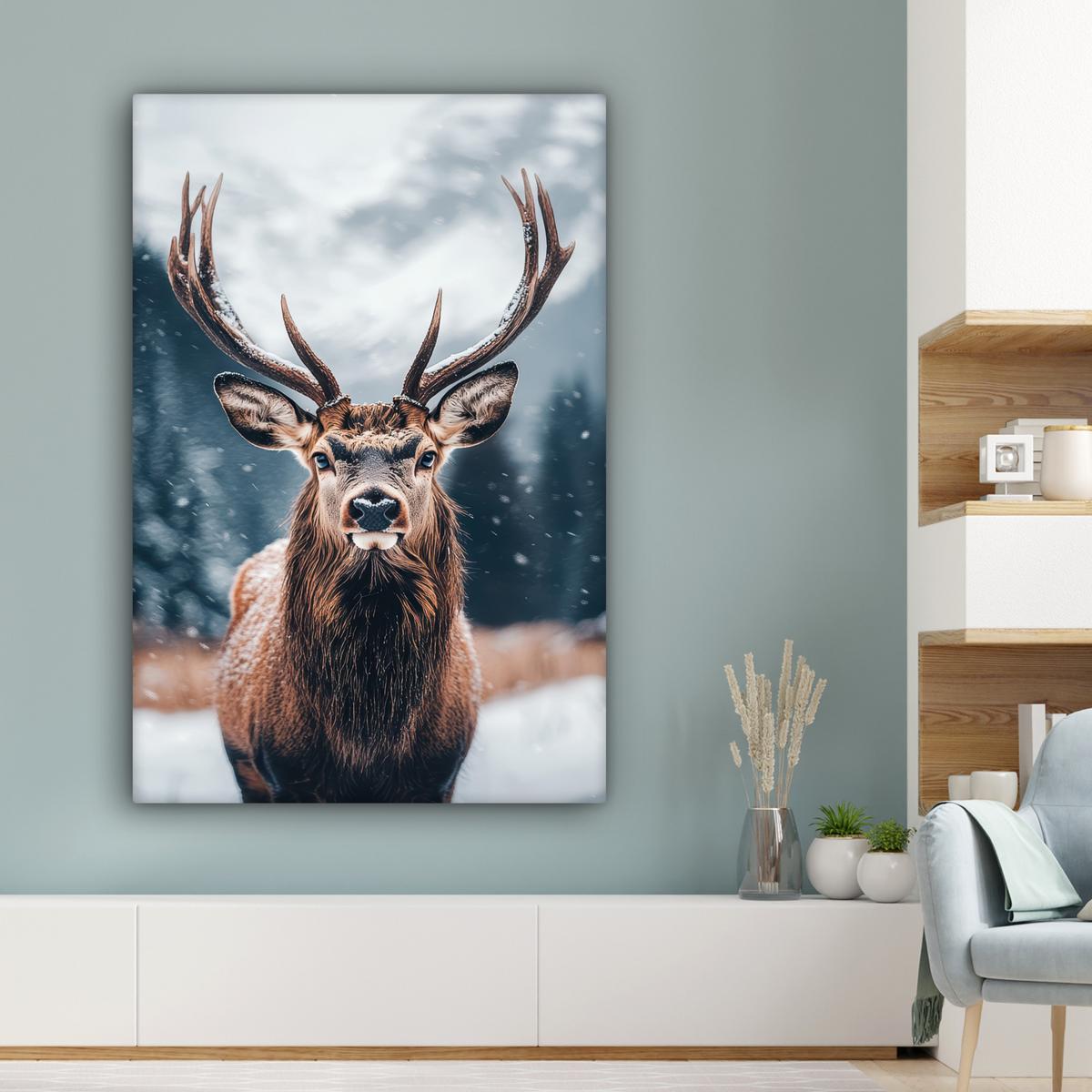 LEINWANDBILD Hirsche - Tiere - Landschaft - Winter - Schnee Deko Groß 90x140 cm - Kastanienfarben, Textil (90/140cm) - MuchoWow