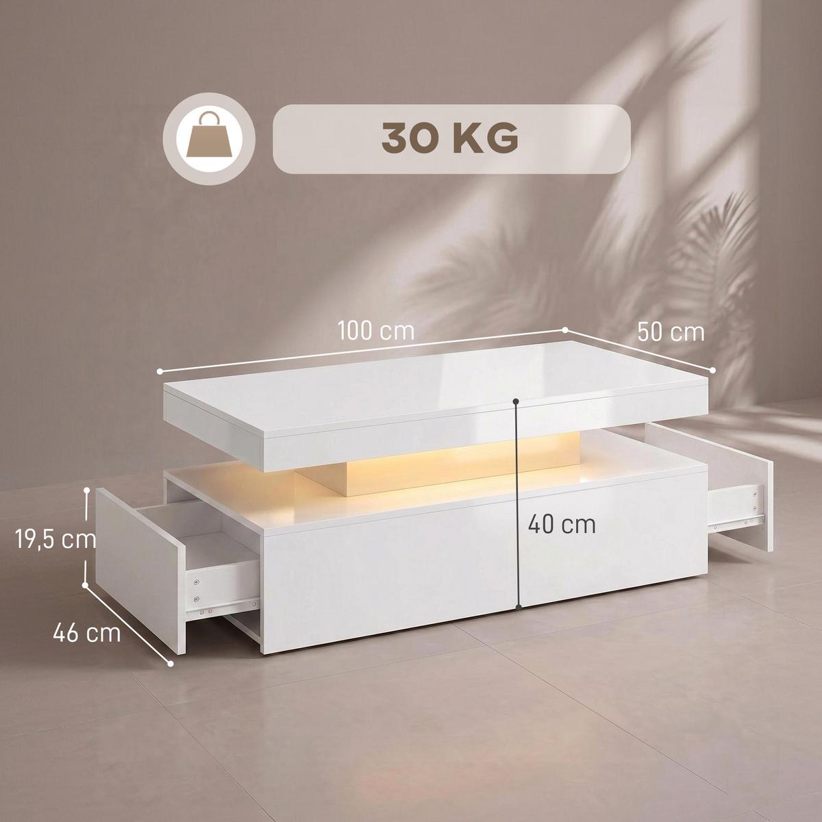 COUCHTISCH Spanplatte Hochglanzweiß - Weiß Hochglanz, Holzwerkstoff (100/50/40cm) - HOMCOM