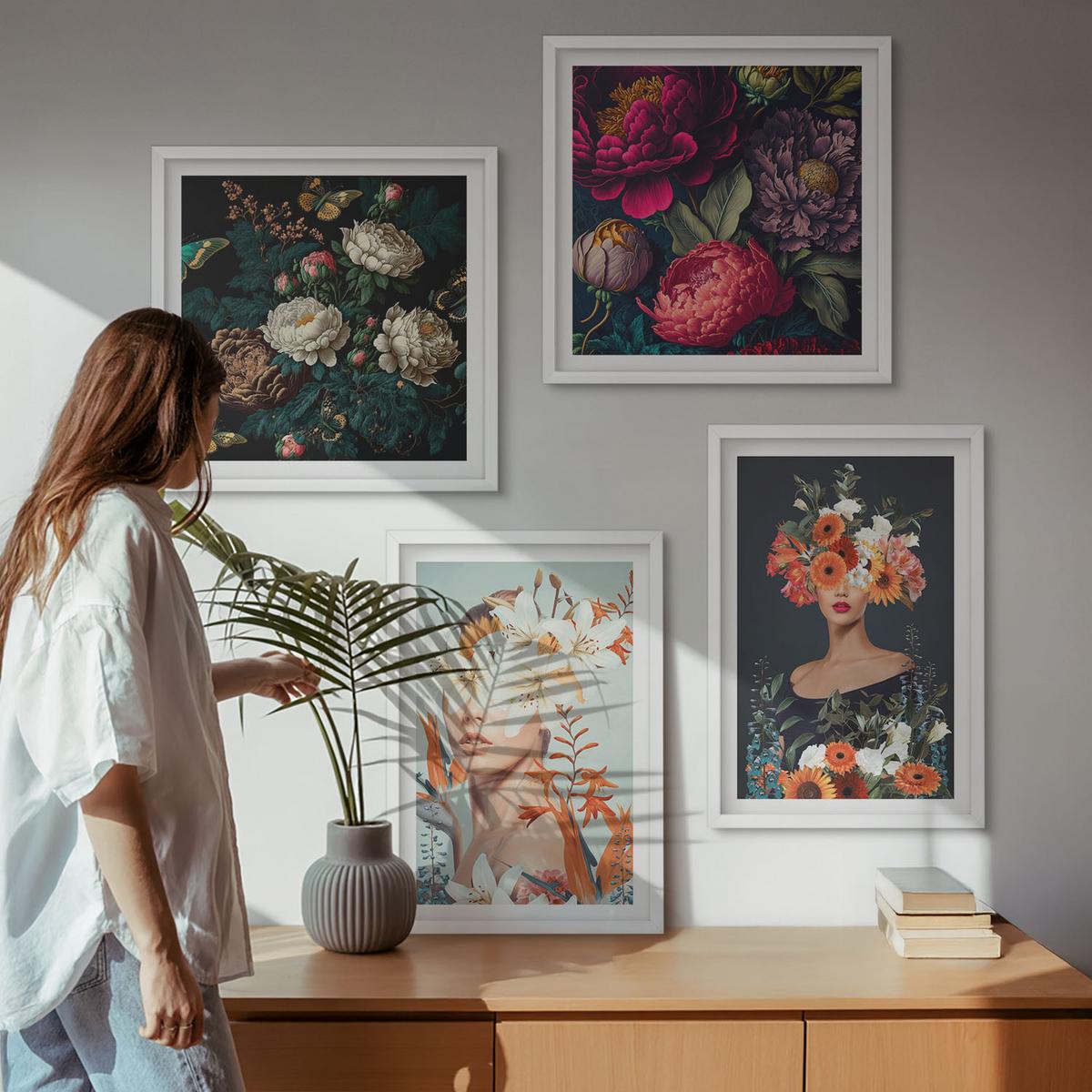 BILDER SET 4er Set - 50x50 cm & 40x60 cm Weißer Rahmen - Blumenporträts, Sträuße, Blätter - Weiß, Kunststoff (50/50cm) - TULUP