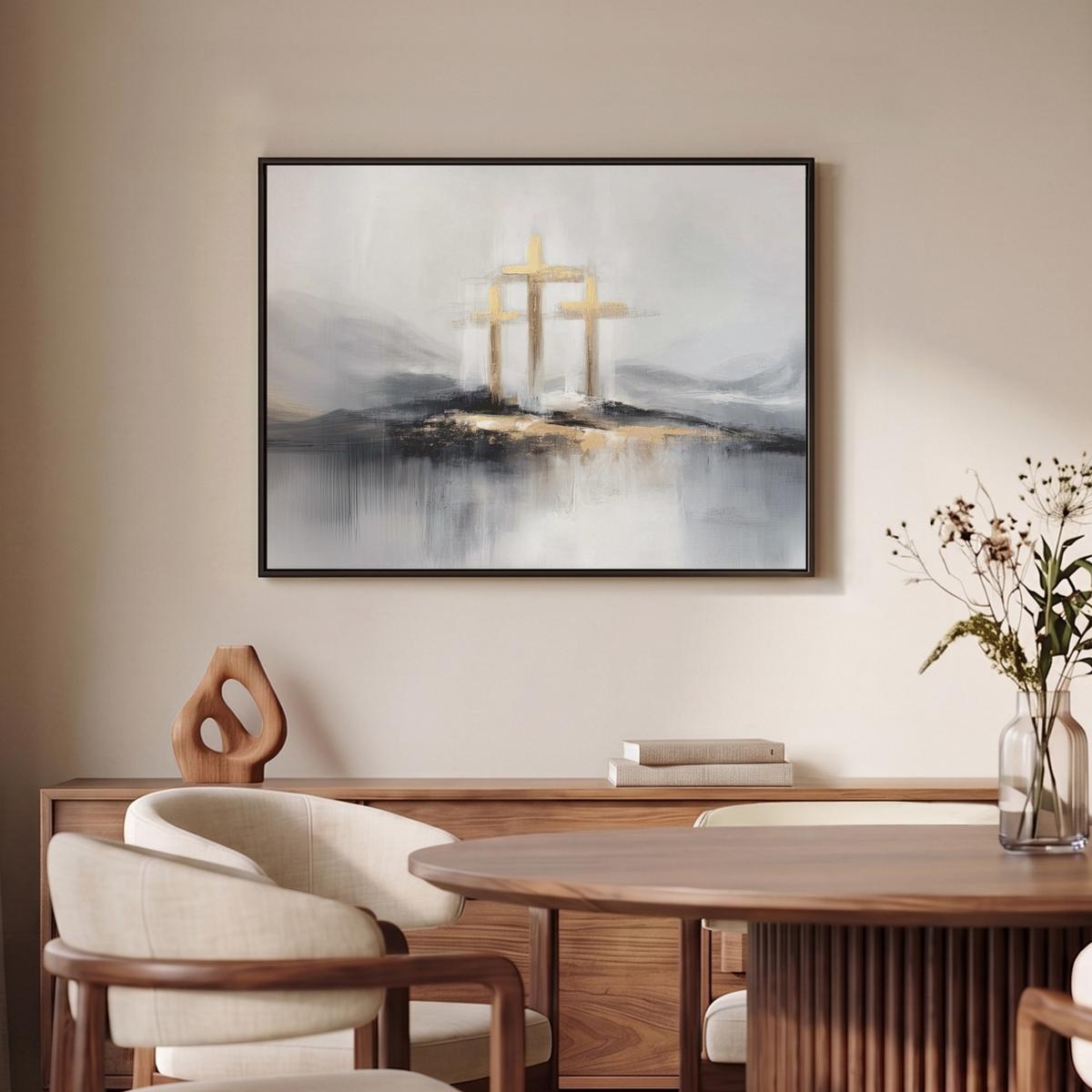 LEINWAND Bilder mit Rahmen - Abstrakt - Malerei - Christentum - Kreuz - 70x50 - Weiß, Textil (70/50cm) - MuchoWow