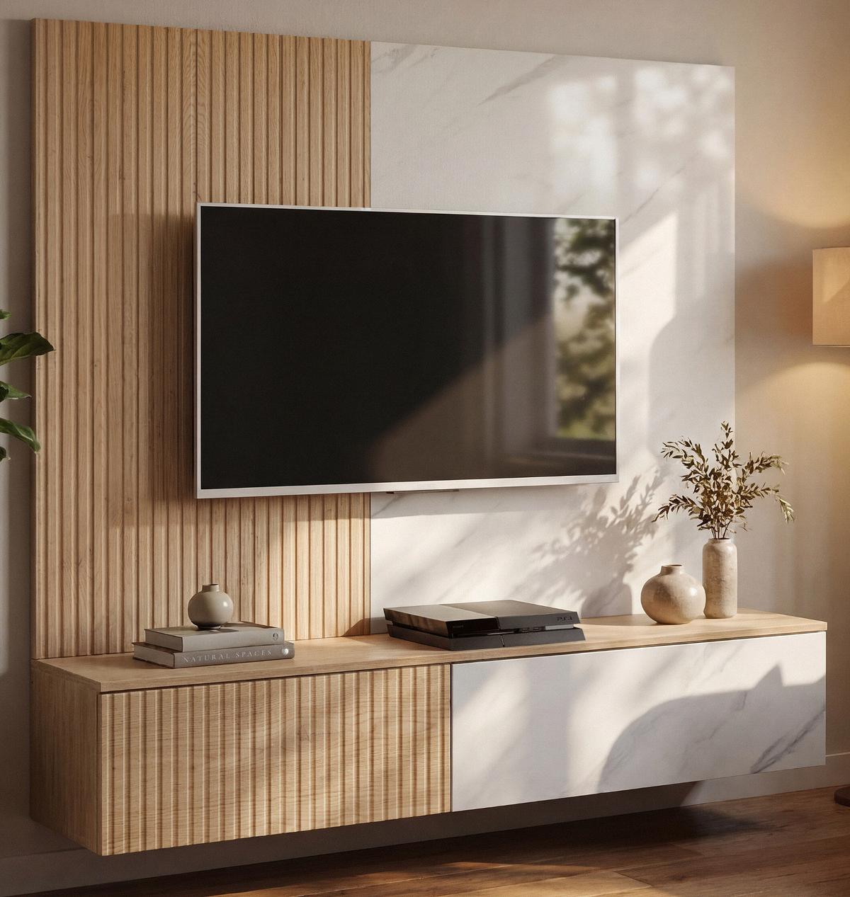 TV-LOWBOARD Cremona Eiche, Marmor weiß 160 cm hängend, TV Unterschrank Set mit Wandpaneel - Eichefarben/Weiß, Holzwerkstoff (160/148/35cm) - Inn.Furn