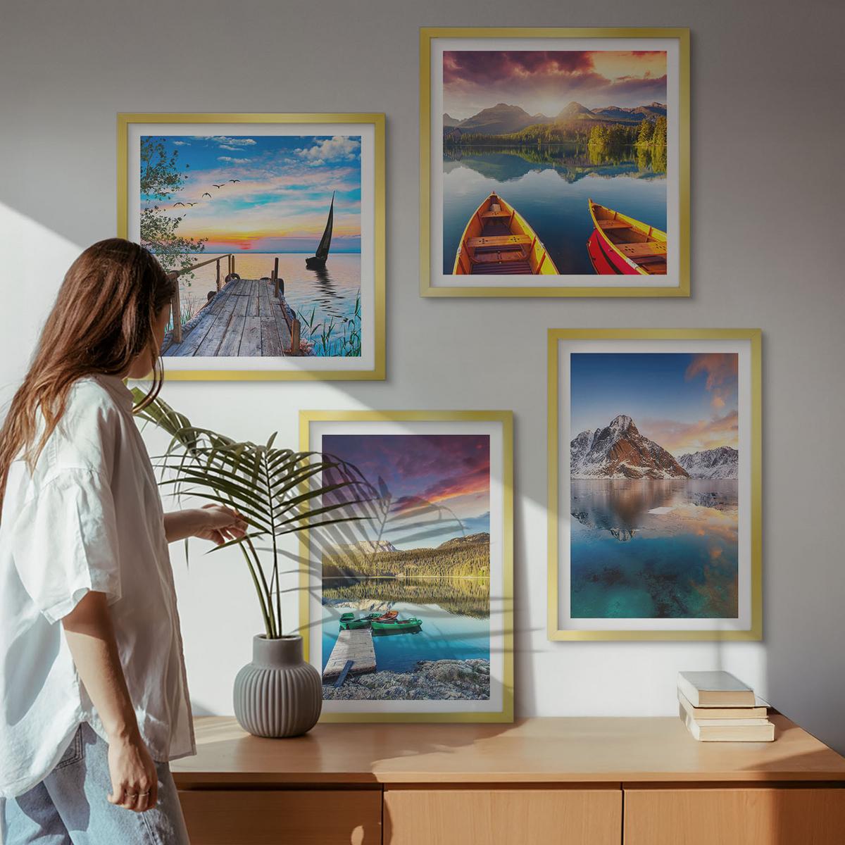 BILDER SET 4er Set - 50x50 cm & 40x60 cm Goldrahmen - Seen- und Berglandschaft Łódź - Goldfarben, Kunststoff (50/50cm) - TULUP