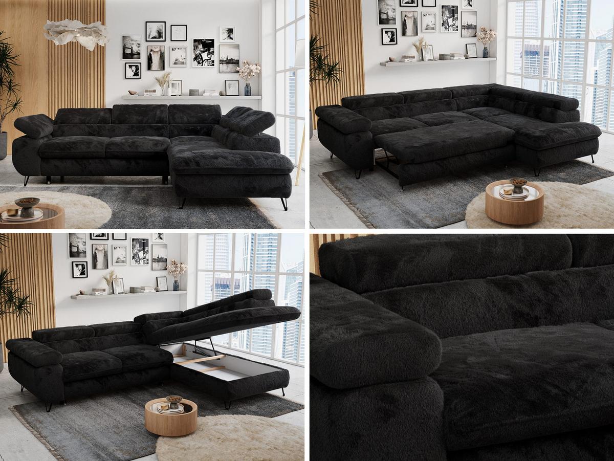 ECKSOFA PETER L Schwarz Plüsch - Rechts Seite - Schwarz, Textil/Metall (273/208cm) - MKS