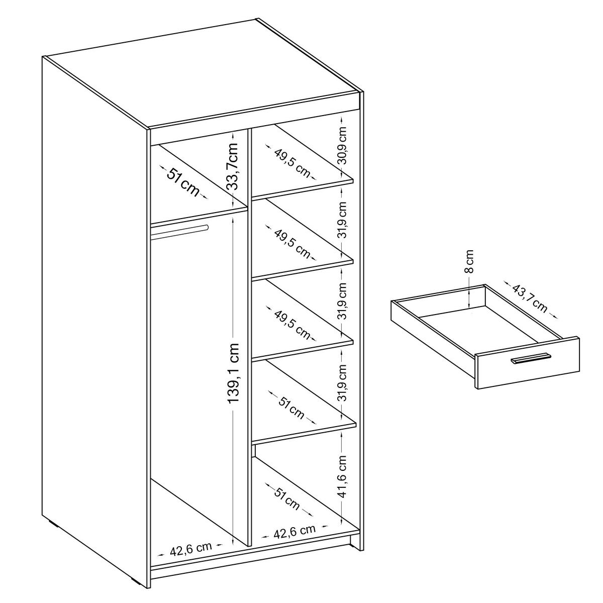 KLEIDERSCHRANK Storicos Eiche Lefkas 89,7/190,5/53 cm - 2T3S Modern mit Schubladen - Braun, Holzwerkstoff/Kunststoff (89.8/190.5/53cm) - AX Living