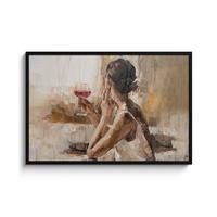 POSTER MIT RAHMENGERAHMTES BILD Ölgemälde - Frau - Wein 120x80 cm - Hellbraun, Papier (120/80cm) - MuchoWow