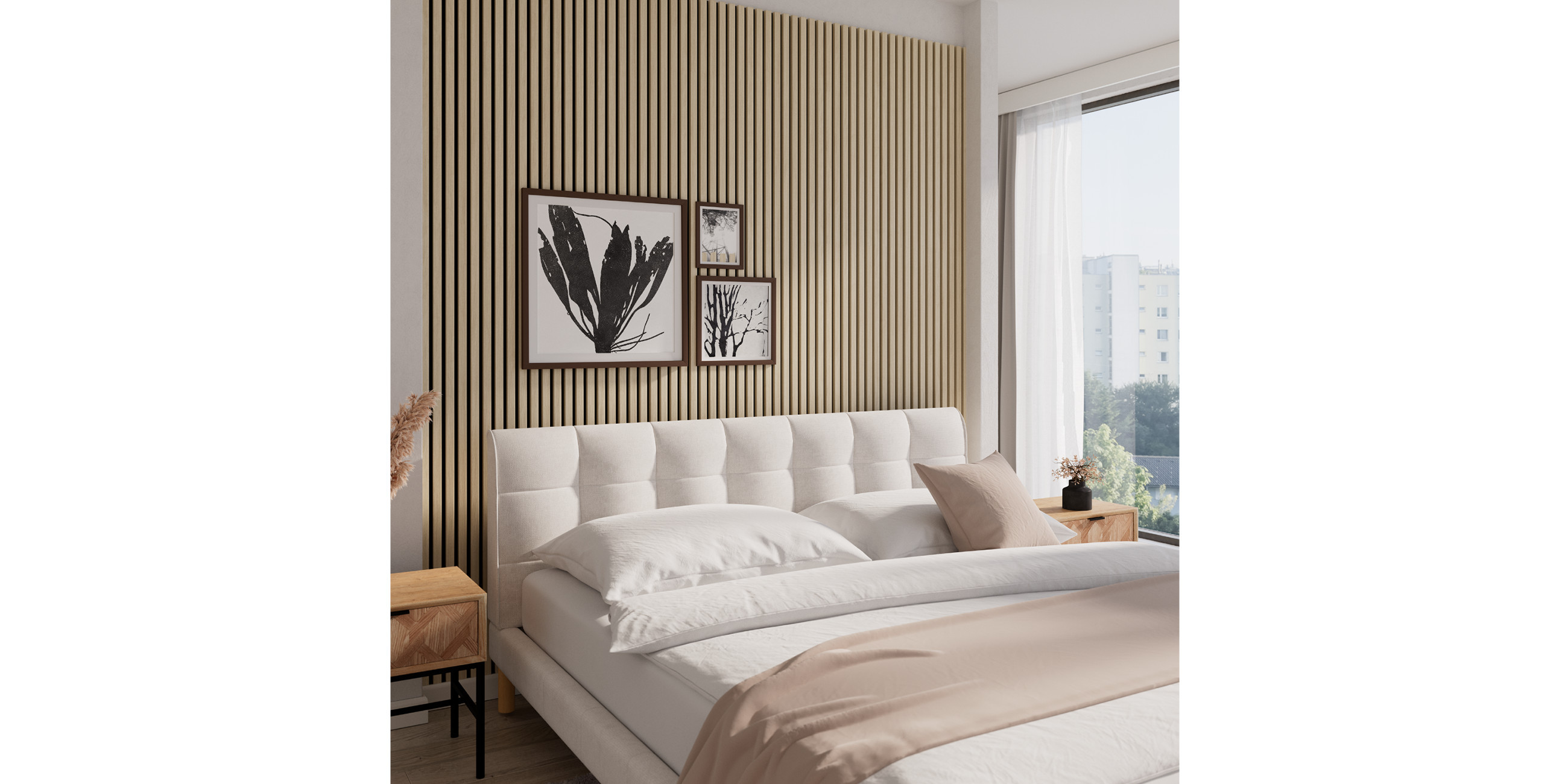 Akustikpaneel aus Holz hinter hellem Polsterbett