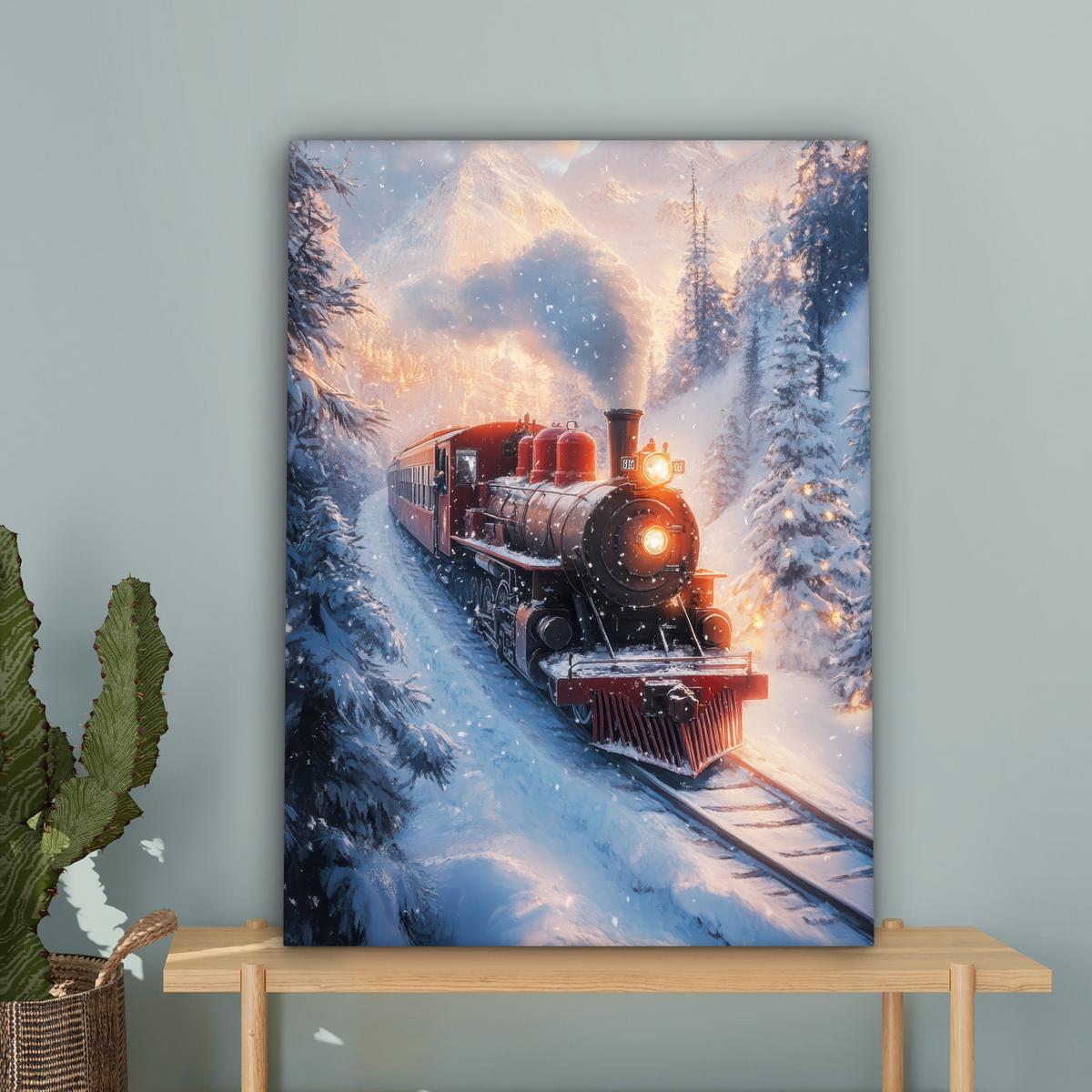 LEINWANDBILD Weihnachtszug - Schnee - Winter - Weihnachten Wandbild Wohnzimmer 60x80 cm - Dunkelrot, Textil (60/80cm) - MuchoWow