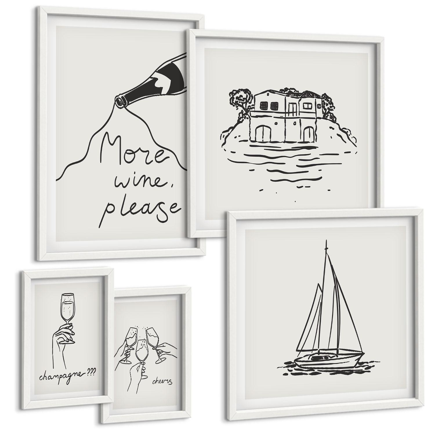 BILDER SET 5er Set - 50x50 cm & 20x30 cm & 40x60 cm Weißer Rahmen - Fröhliche Momente mit Champagner - Weiß, Kunststoff (40/60cm) - TULUP