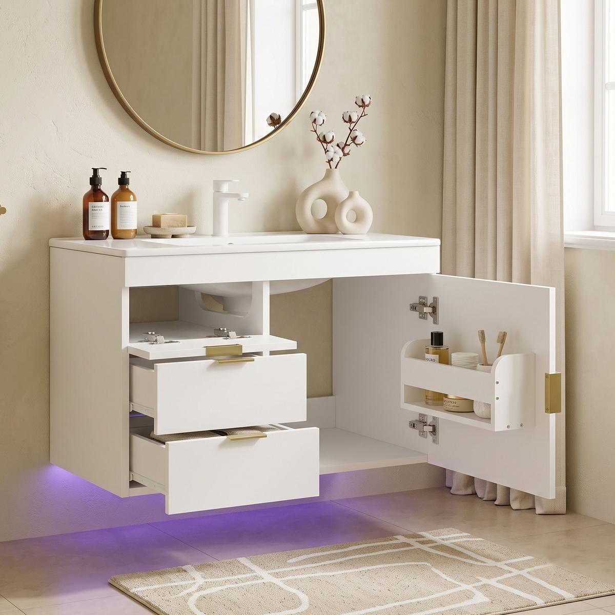 WASCHTISCH mit Unterschrank 76cm Weiß Holzoptik, LED-App & Soft-Close - Weiß, Holzwerkstoff (76/51/46cm) - Urban Meuble