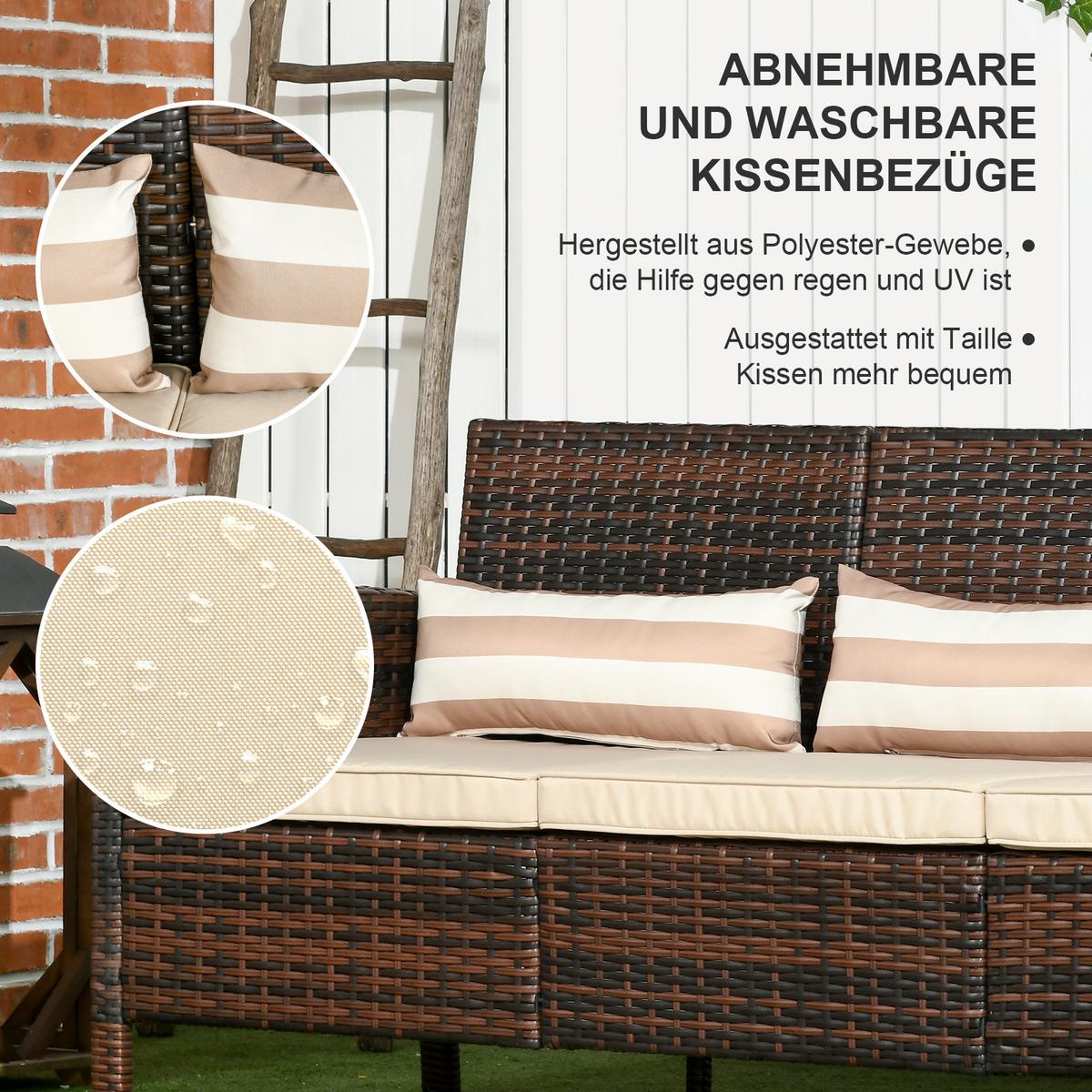 RATTAN Sofa mit Kissen, Dreisitzer, Garten Loungesofa, Stahl, Braun - Braun, Metall (68/78/173cm) - Outsunny