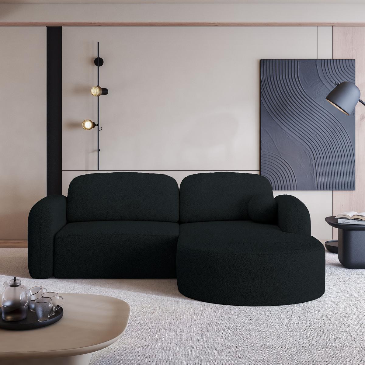 ECKSOFA AMILIA R-S Schwarz Boucle-Stoff mit Schlaffunktion - Schwarz, Holz (263/174cm) - MASSENO