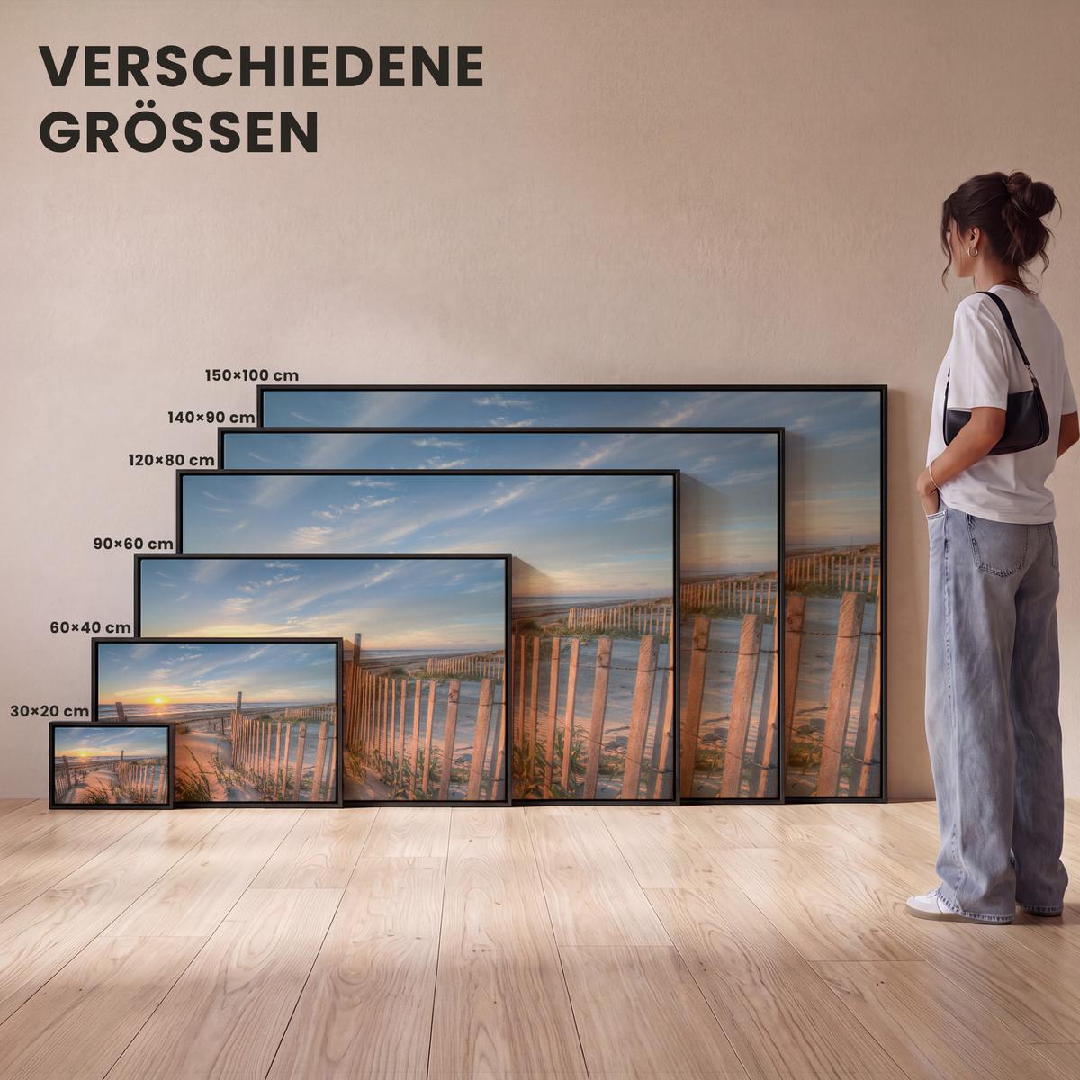 LEINWAND Bilder mit Rahmen - Strand - Meer - Düne - Sonnenuntergang - Landschaft - 140x90 - Beige, Textil (140/90cm) - MuchoWow